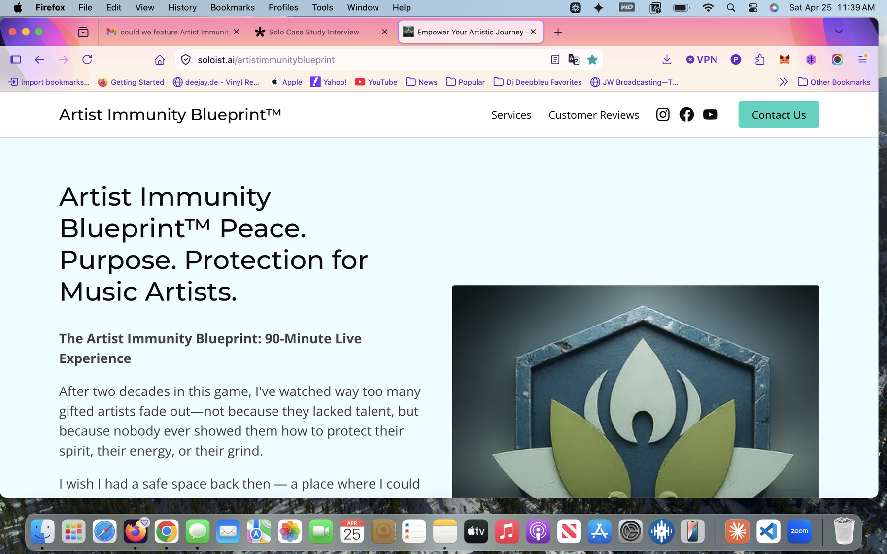Artist Immunity Blueprint homepage explaining peace, purpose, and protection for musicians | Solo AI website creator