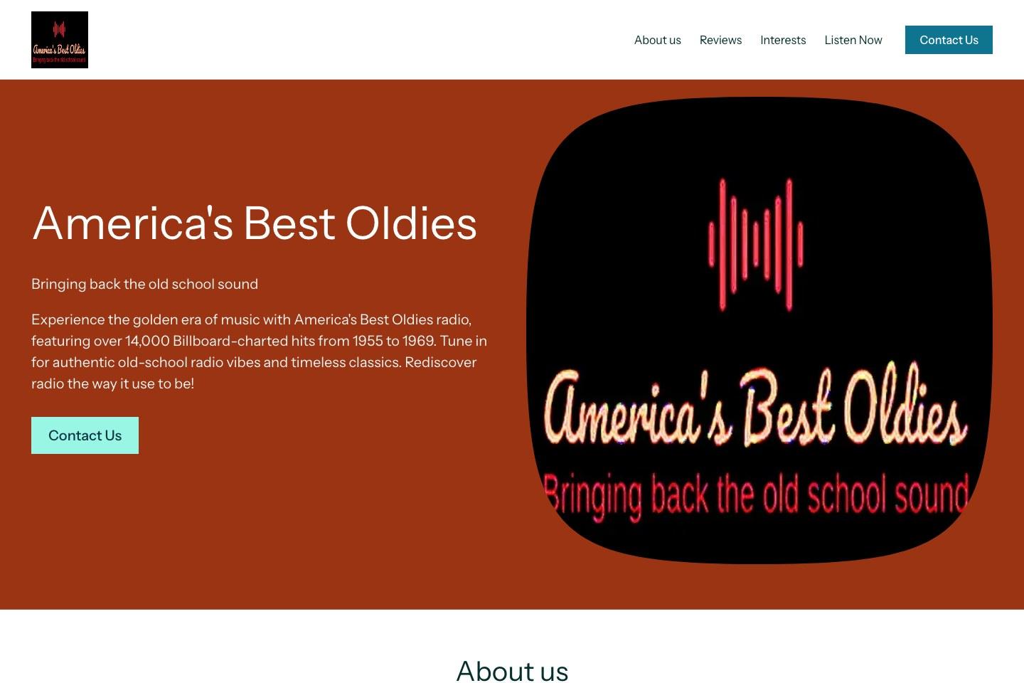 America's Best Oldies homepage with station logo and contact button | Solo AI website creator