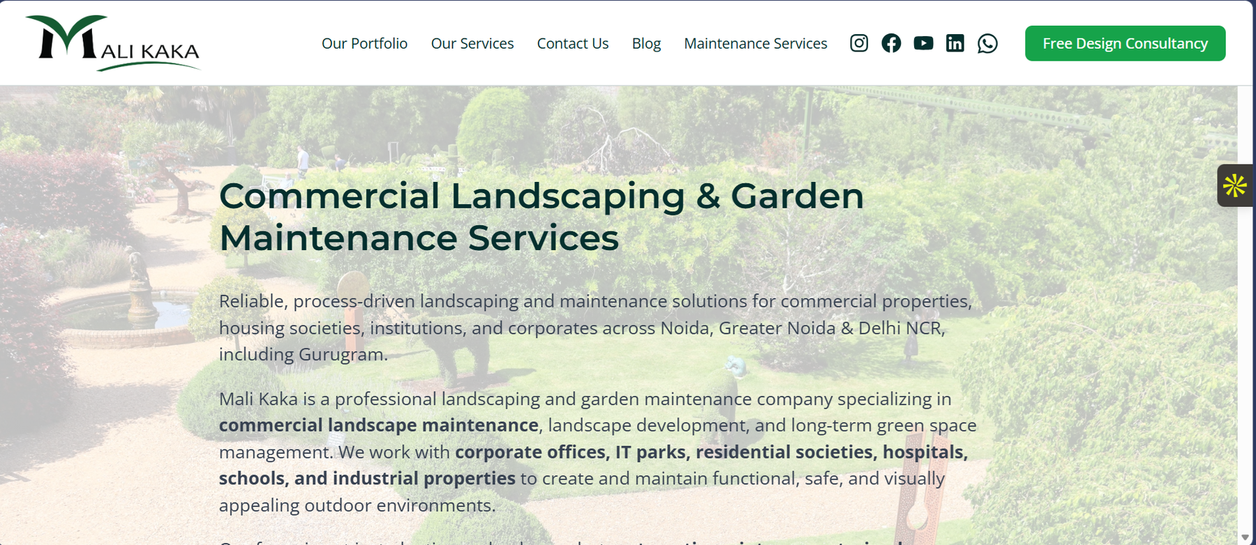 Mali Kaka homepage for commercial landscaping and garden maintenance services | Solo AI website creator