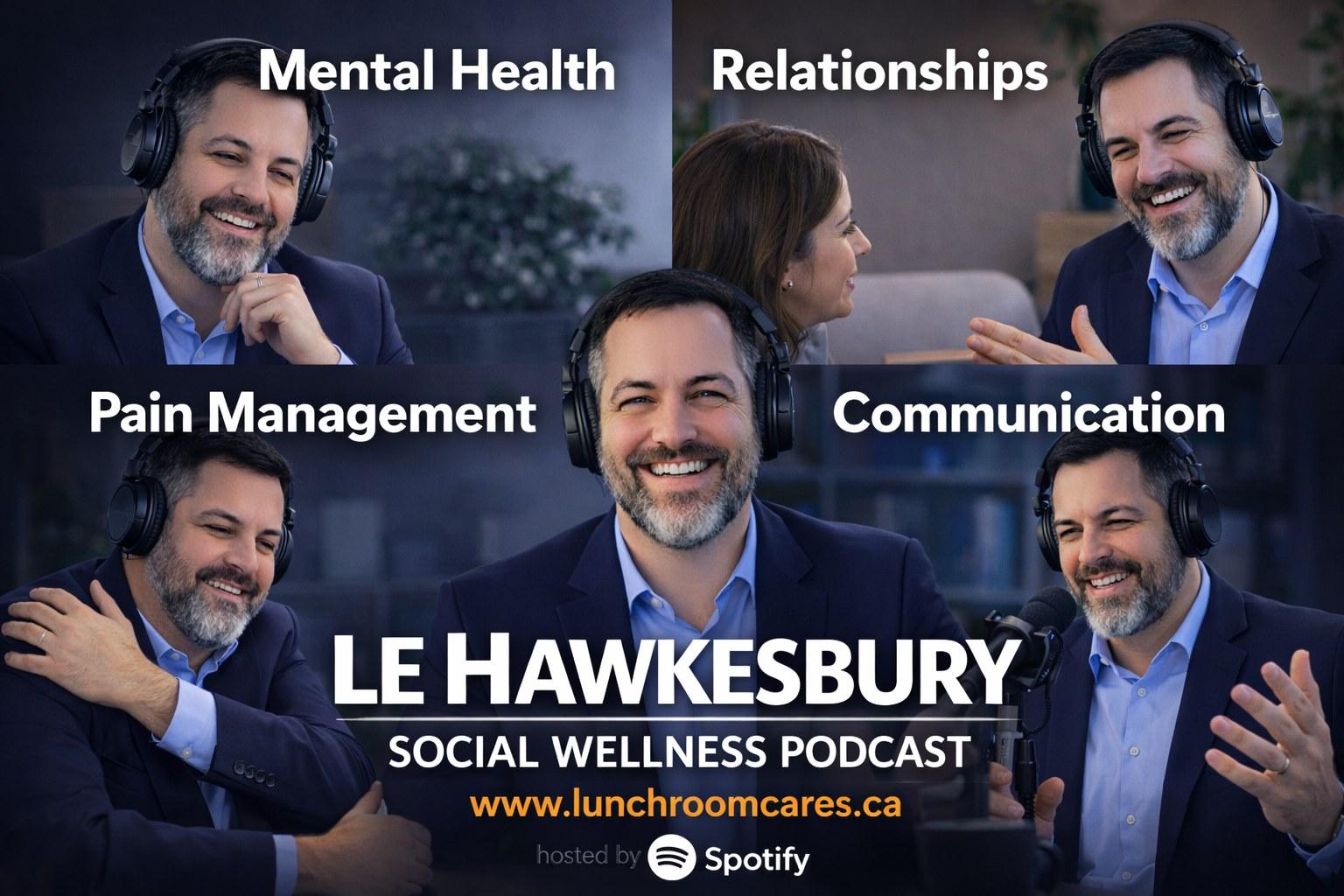 Le Hawkesbury Social Wellness Podcast topic graphic for mental health, relationships, pain management, and communication | Solo AI website creator
