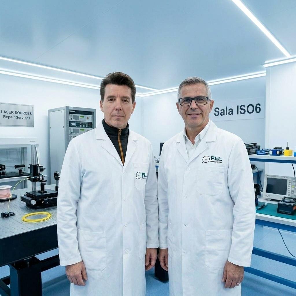 FiberLaserLab Iberia team members in white lab coats inside a repair lab | Solo AI website creator