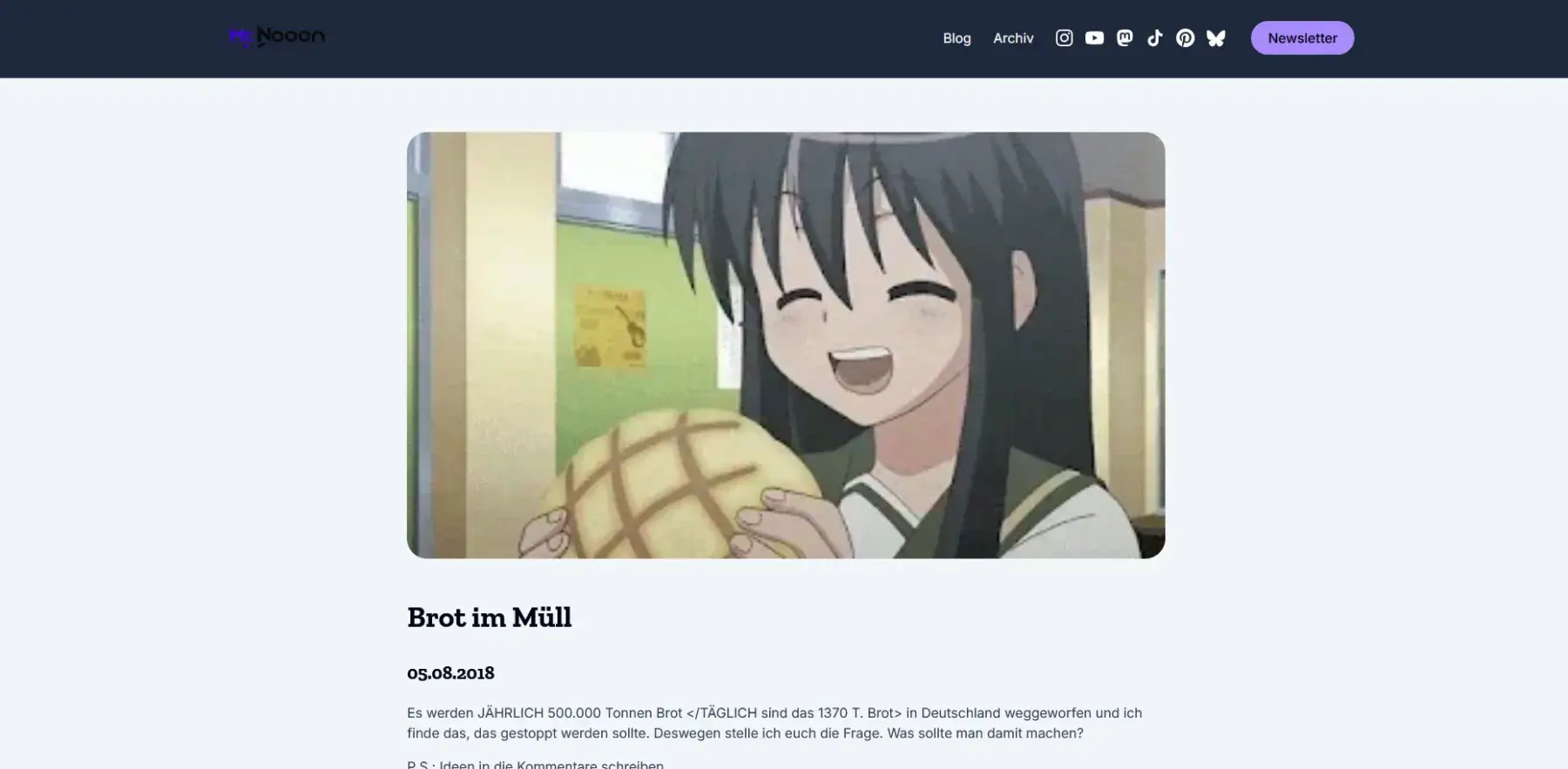 Mr. Noon Media homepage with a blog introduction and anime-style image | Solo AI website creator