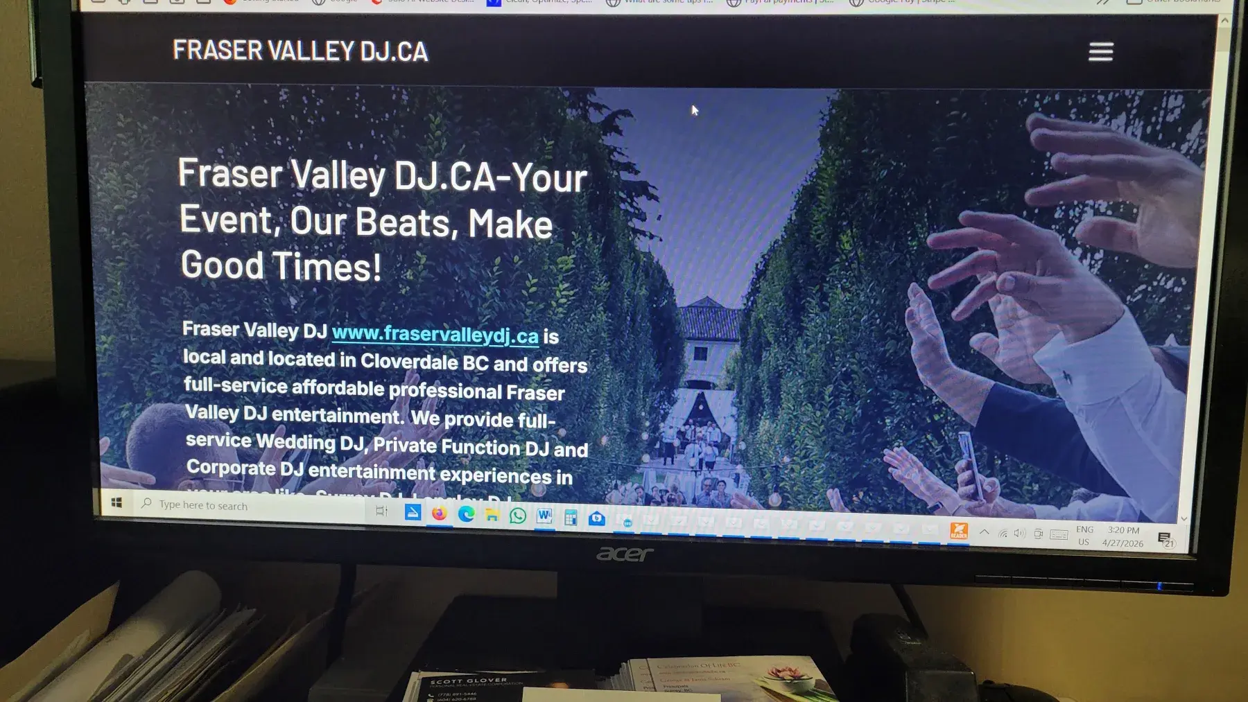 Fraser Valley DJ homepage shown on a desktop monitor | Solo AI website creator
