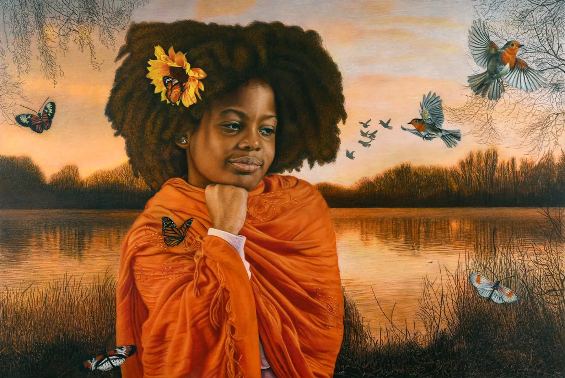 Colored pencil artwork of a young woman with sunflowers by Galal Ramadan | Solo AI website creator