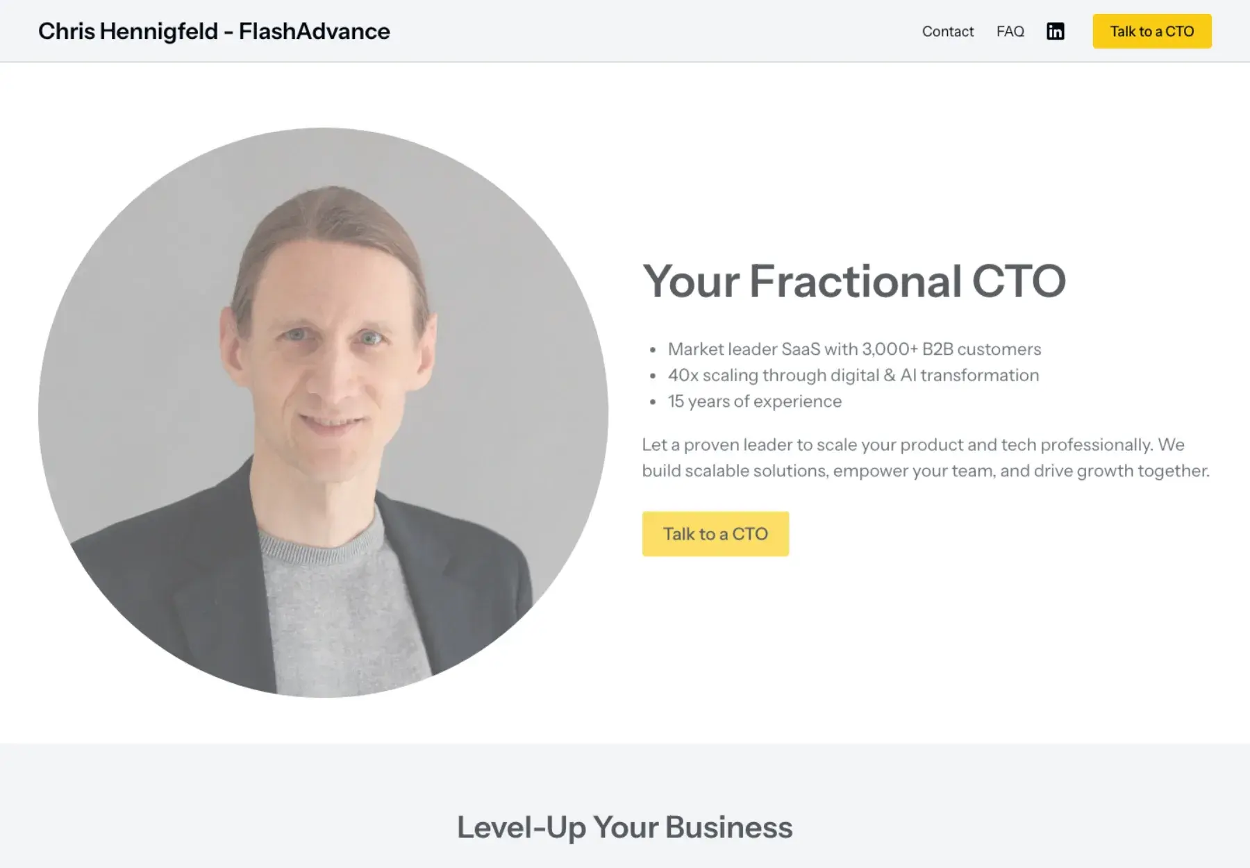 Chris Hennigfeld FlashAdvance fractional CTO homepage with contact button | Solo AI website creator