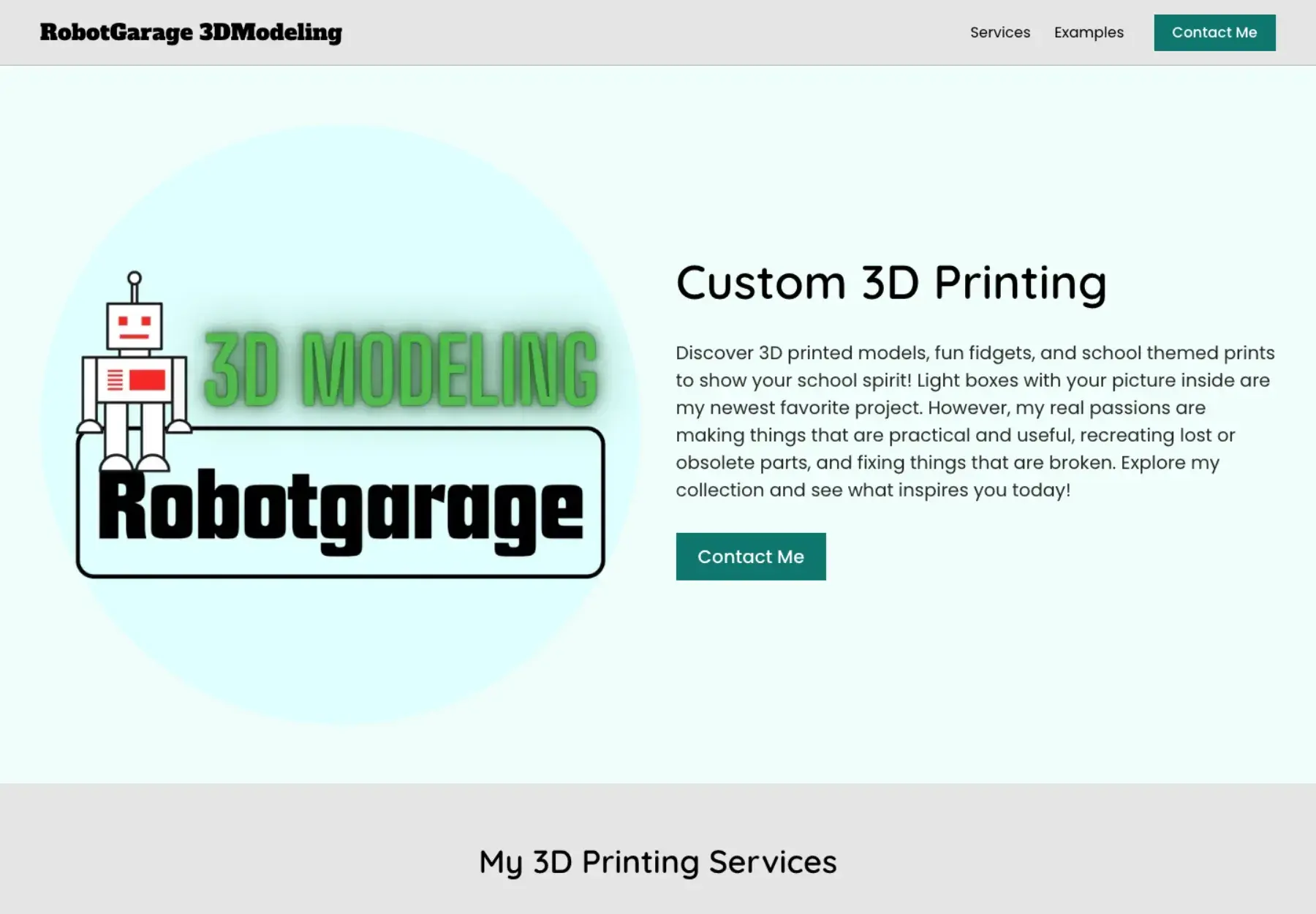 RobotGarage 3DModeling homepage for custom 3D printing services | Solo AI website creator