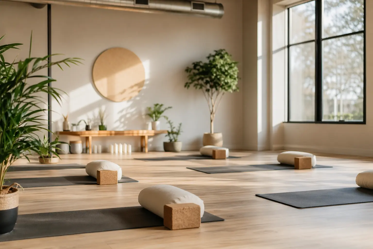 Solo for Yoga Studios — Fresh white yoga & fitness studio. 3D Render made with Adobe Stager.