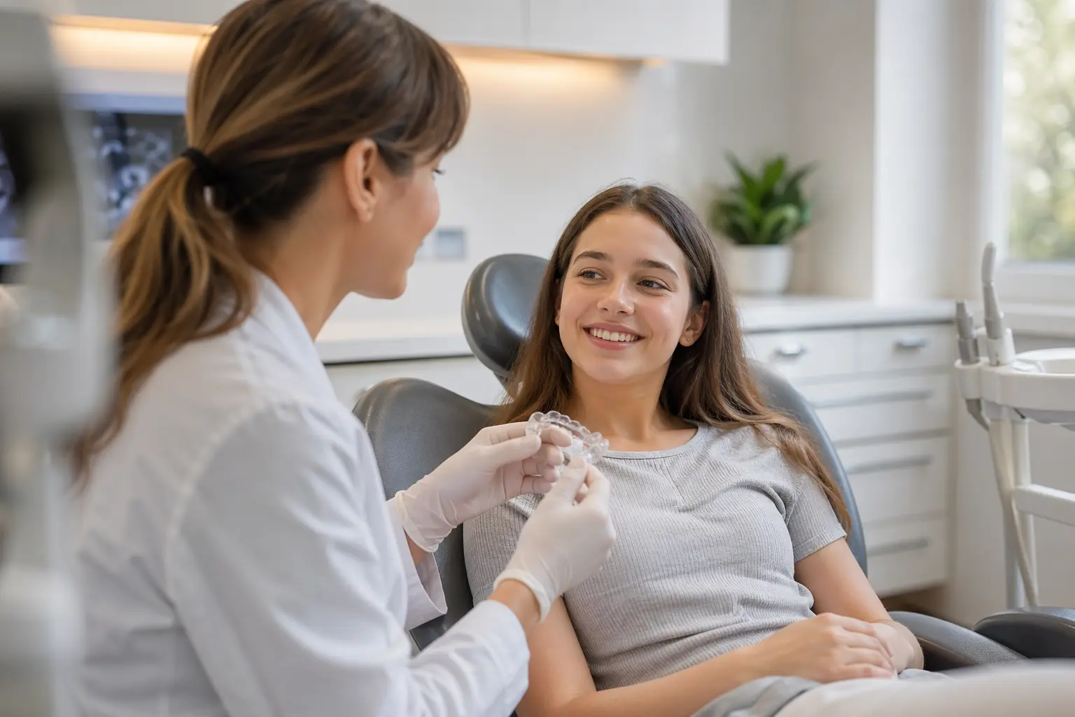 Solo for Orthodontists — A dentist is holding a dental model with a clear aligner and braces.