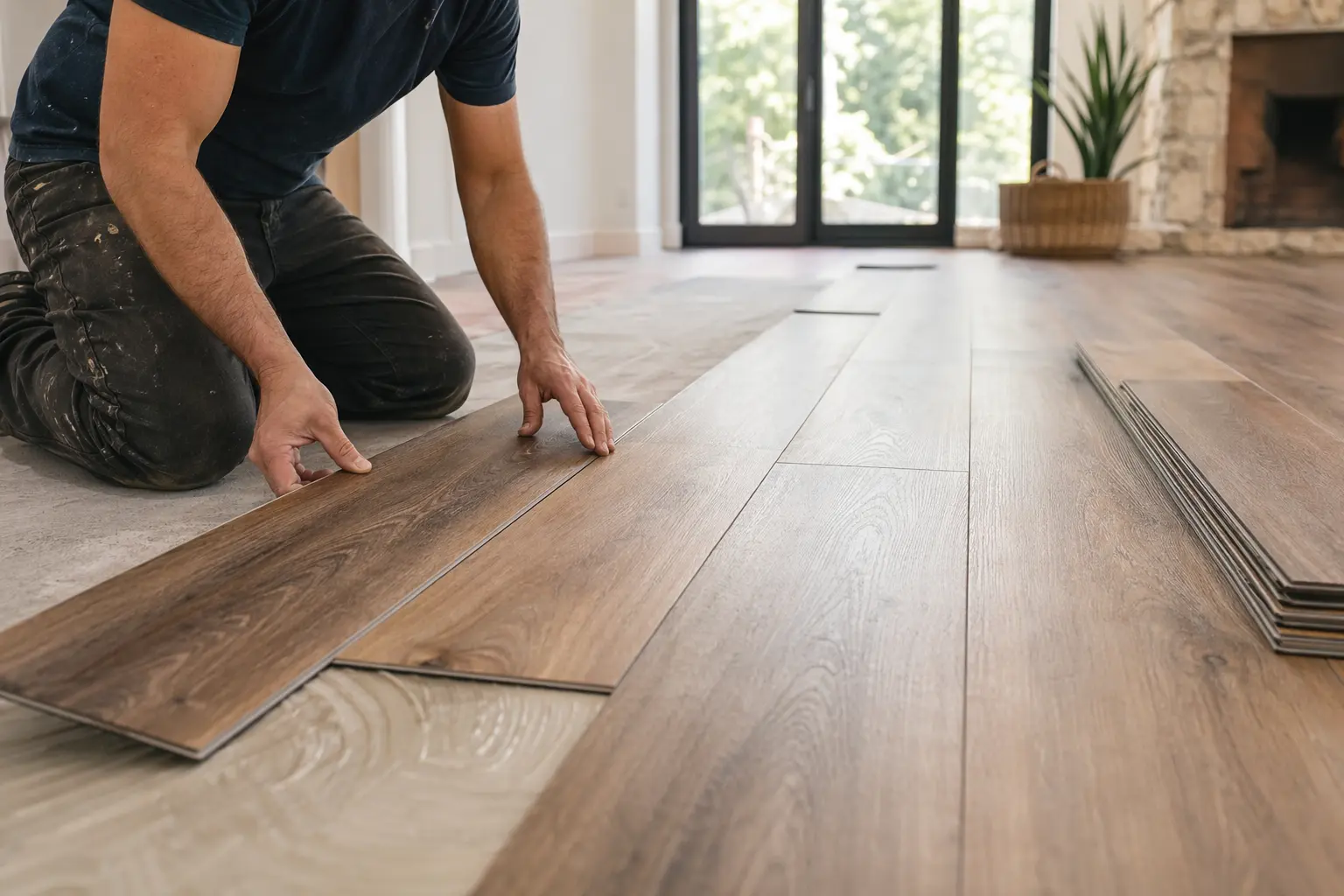 Solo for Flooring Contractors — an empty room with a fireplace and shelves
