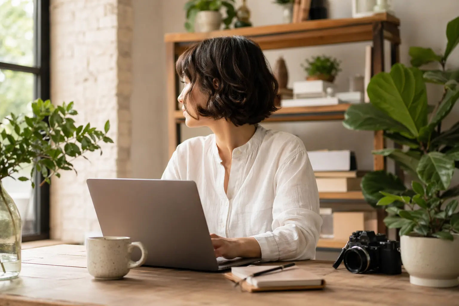 Jimdo vs Solo website builder — A laptop, MacBook, on top of a portable table with coffee tea mug on the side.
