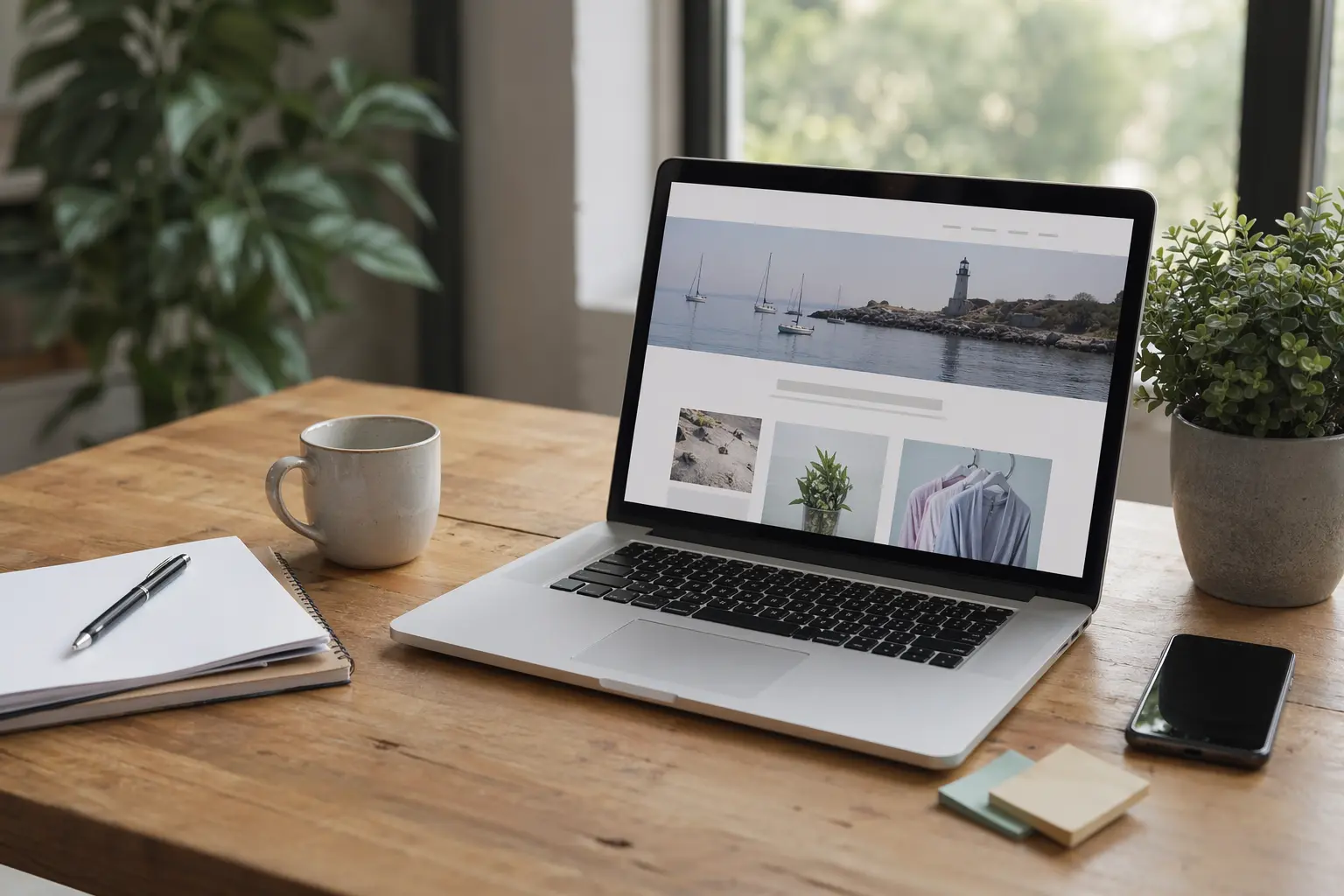 Weebly vs Solo website builder — Laptop and notebook with coffee on a table in a coworking space