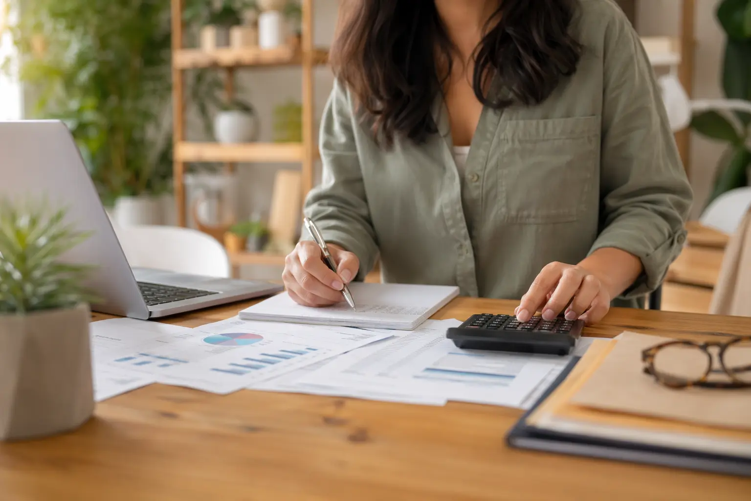 Solo for Bookkeepers — Desk with calculator, charts, and binders