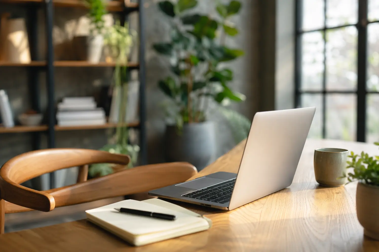 Jimdo vs Solo website builder — A laptop, MacBook, on top of a portable table with coffee tea mug on the side.