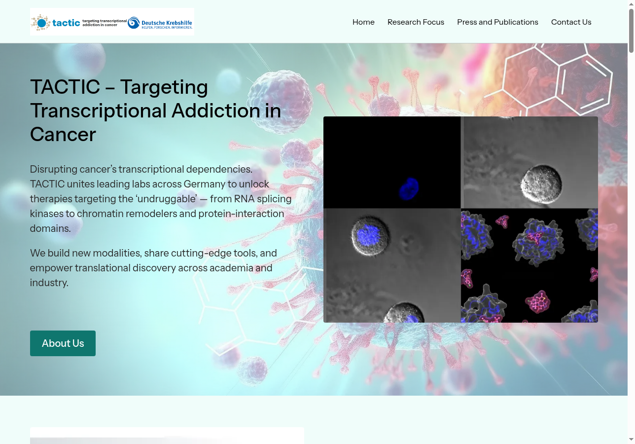 TACTIC-DKH cancer research network website built with Solo AI Website Creator — homepage view