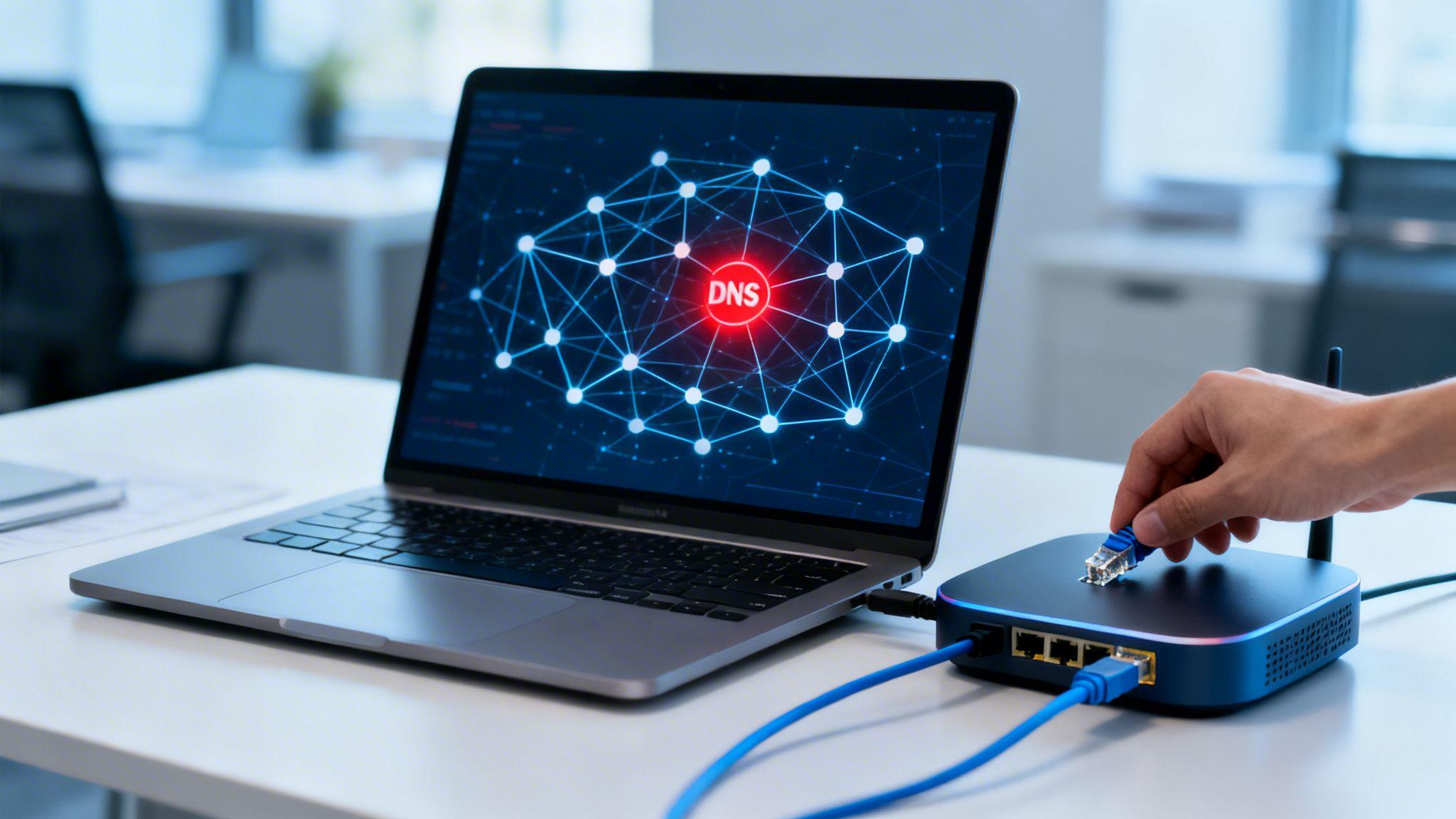 Network administrator connecting Ethernet cable to router with DNS visualization on laptop screen