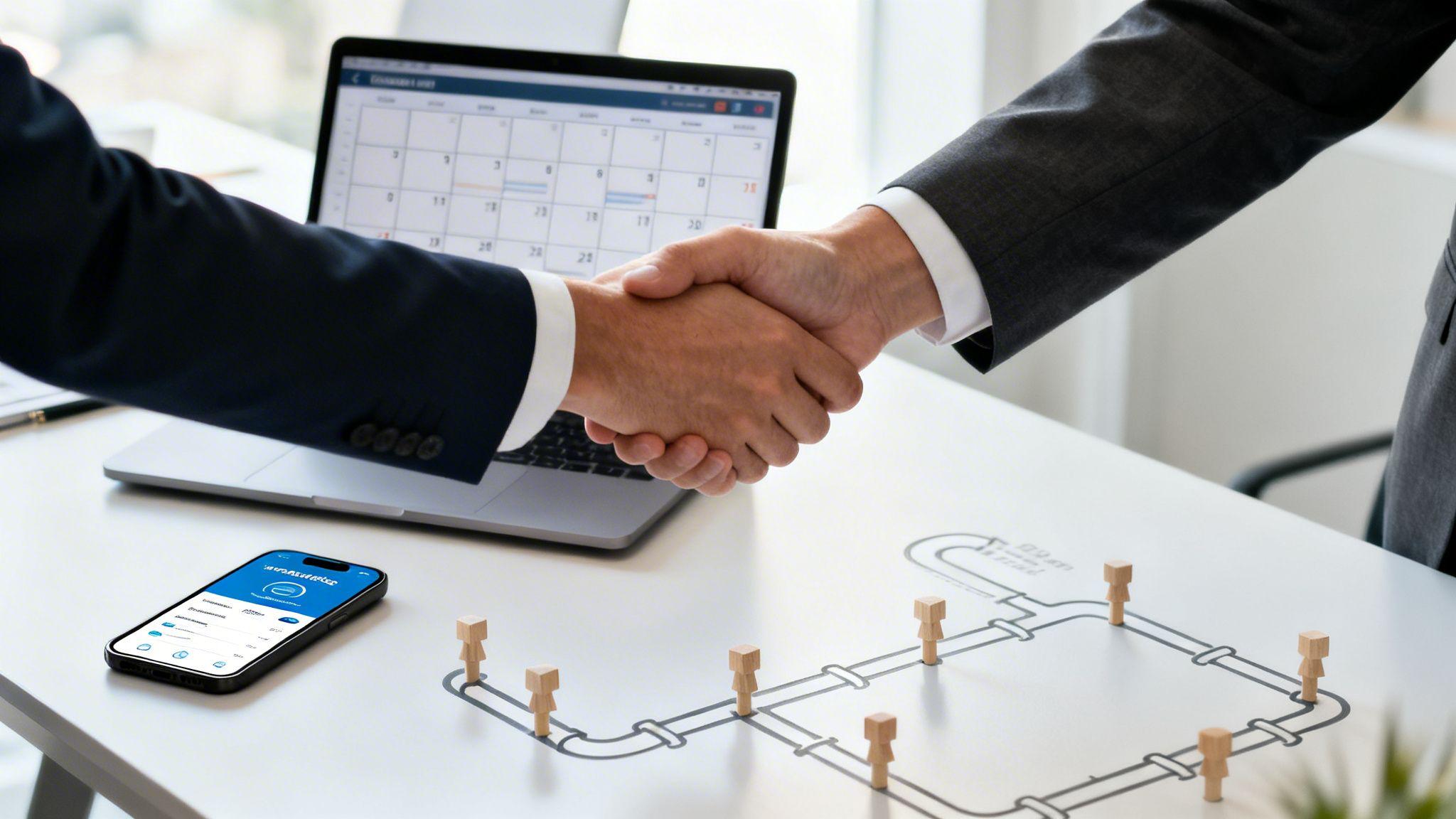 Two business professionals shaking hands over organizational chart and calendar planning tools on desk