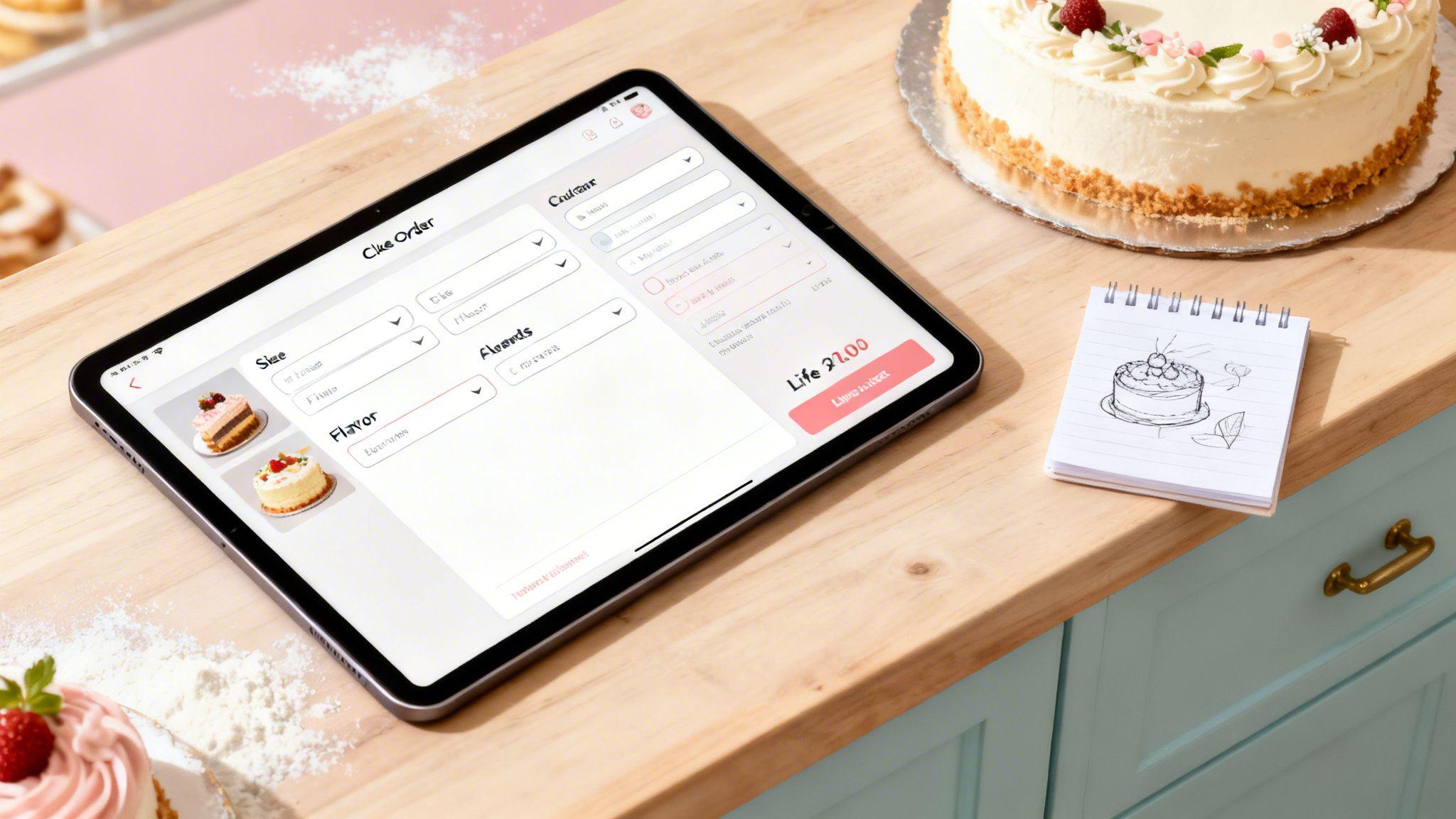 Tablet displaying cake ordering form with customization options beside decorated cream cake and recipe notebook on wooden