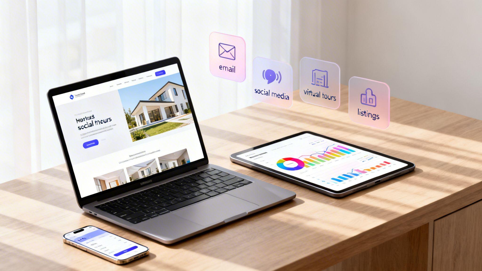 Real estate marketing dashboard showing email, social media, virtual tours, and listings tools on wooden desk with devices