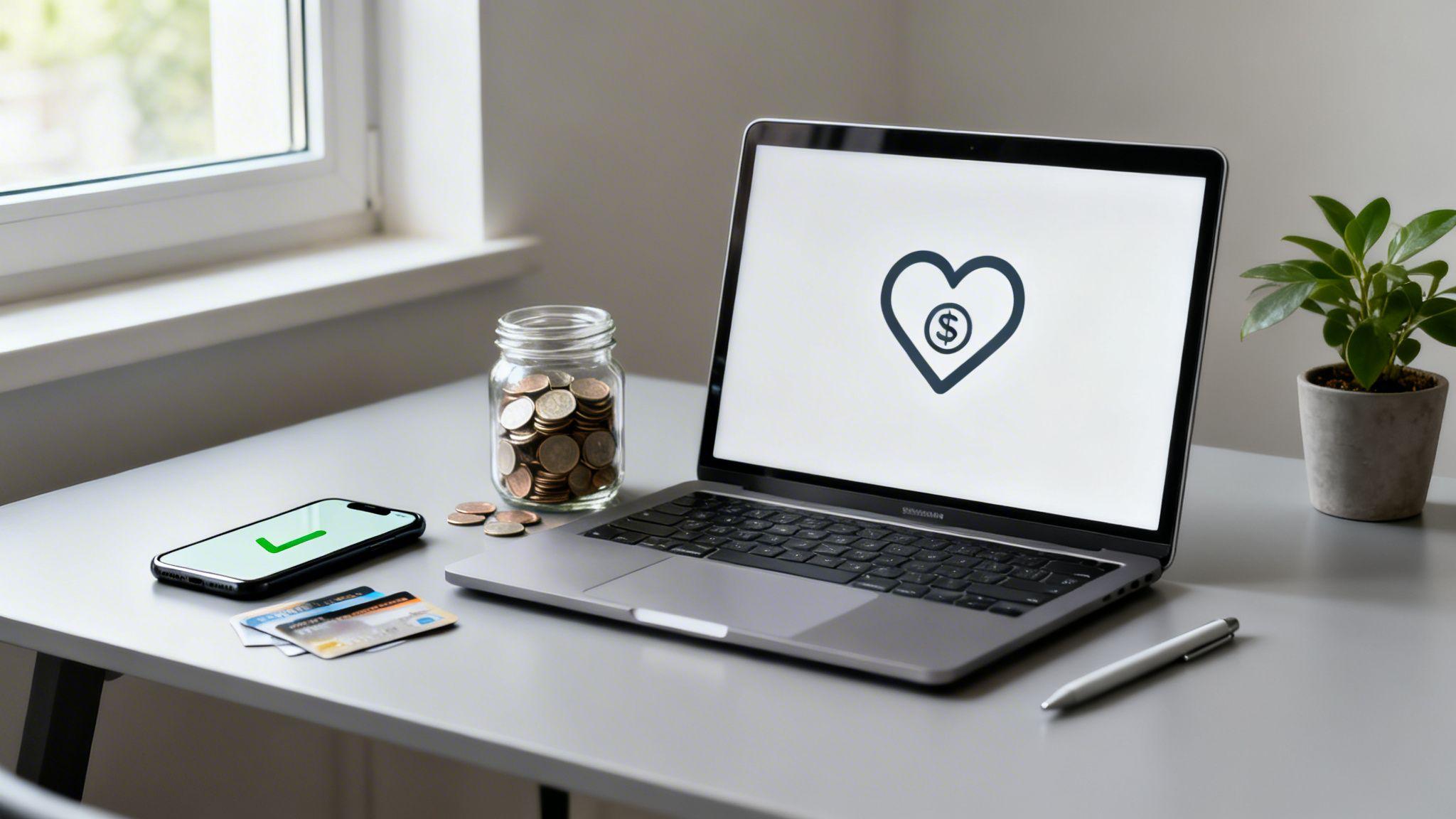 Laptop displaying heart with dollar sign icon surrounded by coins jar, credit cards, and smartphone with checkmark.