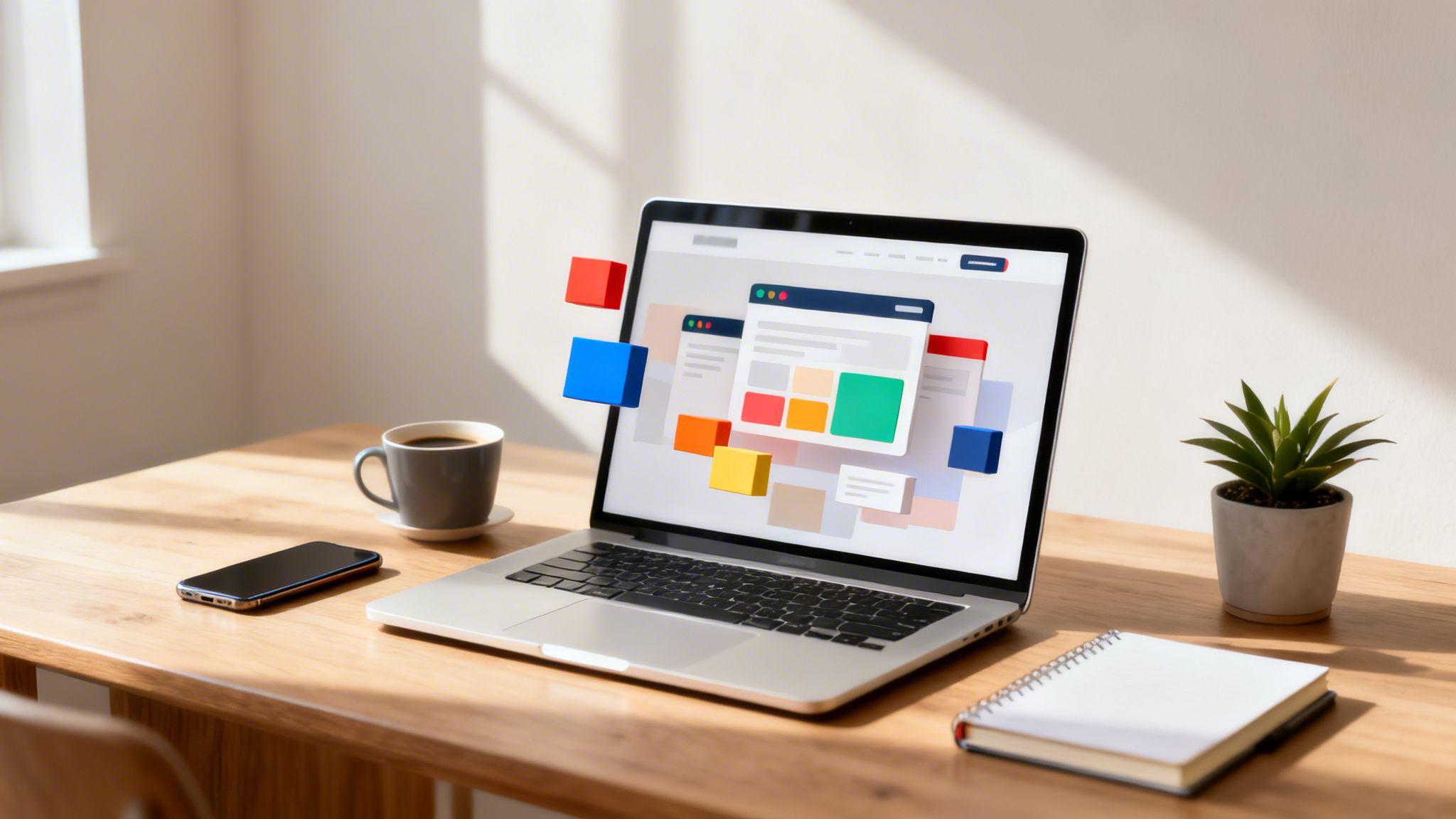 Web design workspace showing laptop with colorful UI mockups, coffee cup, smartphone, notebook and plant on wooden desk