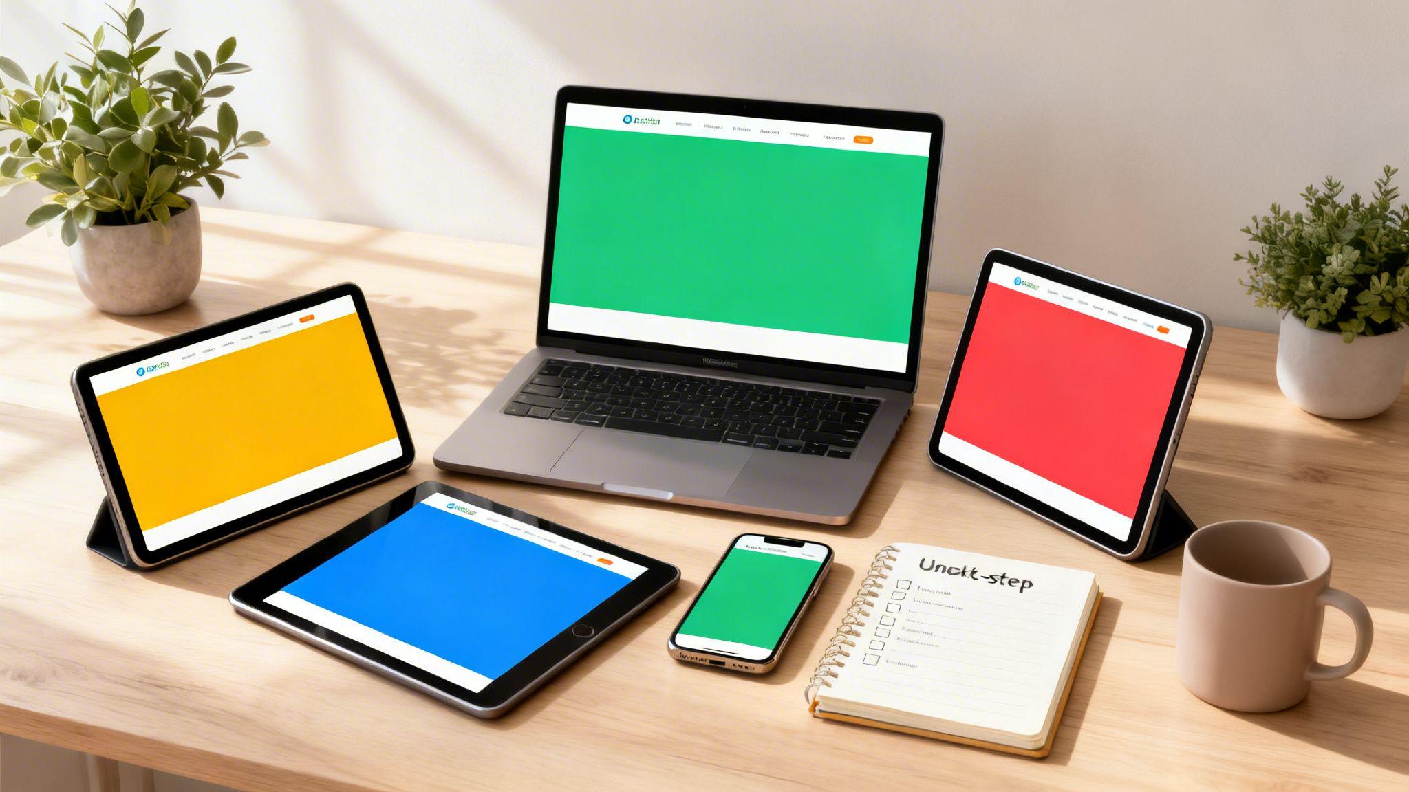 Multiple devices displaying colorful website builder interfaces on a wooden desk with plants and coffee mug