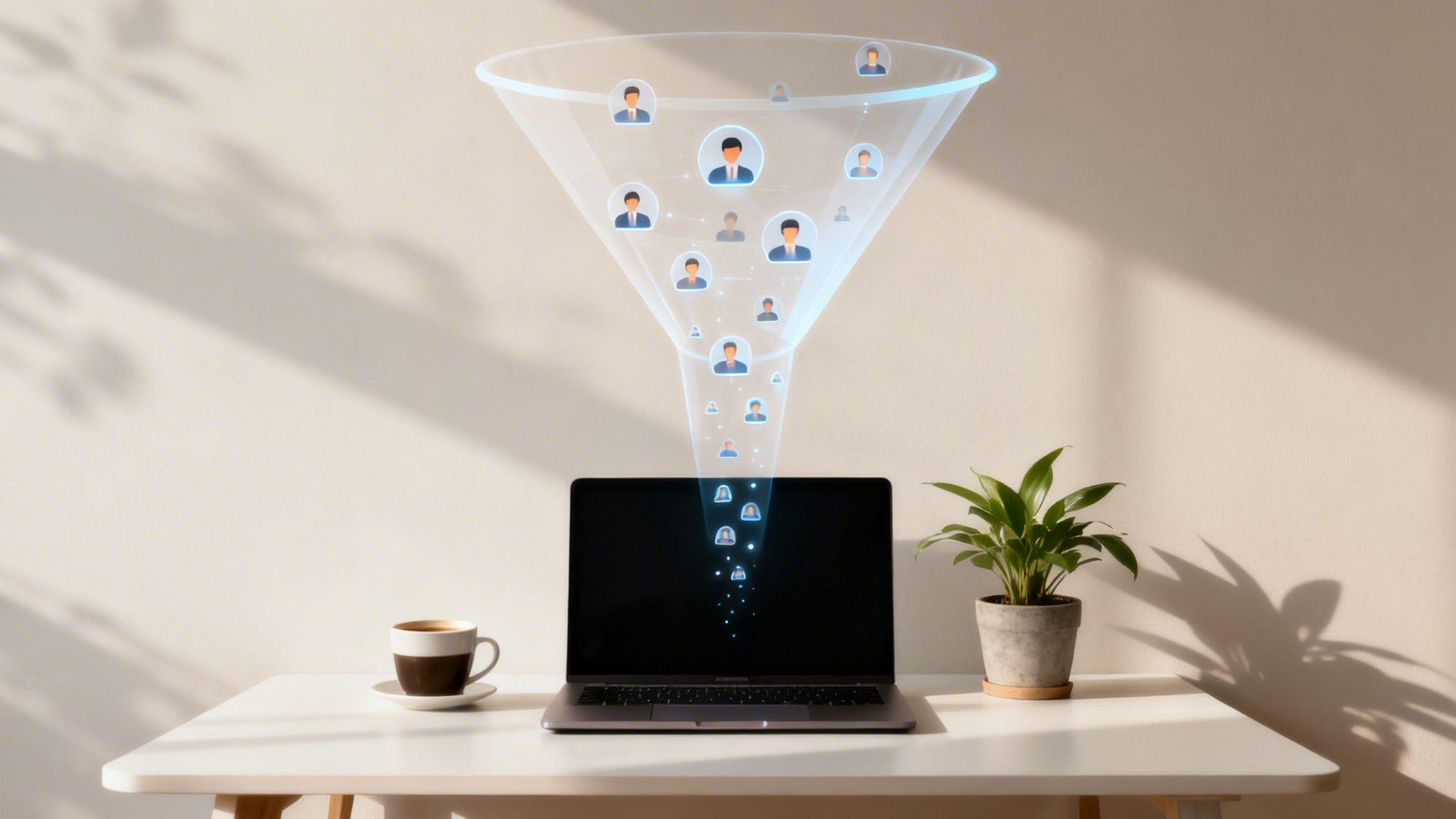 Funnel visualization showing user icons flowing from laptop screen into collection system, representing lead capture
