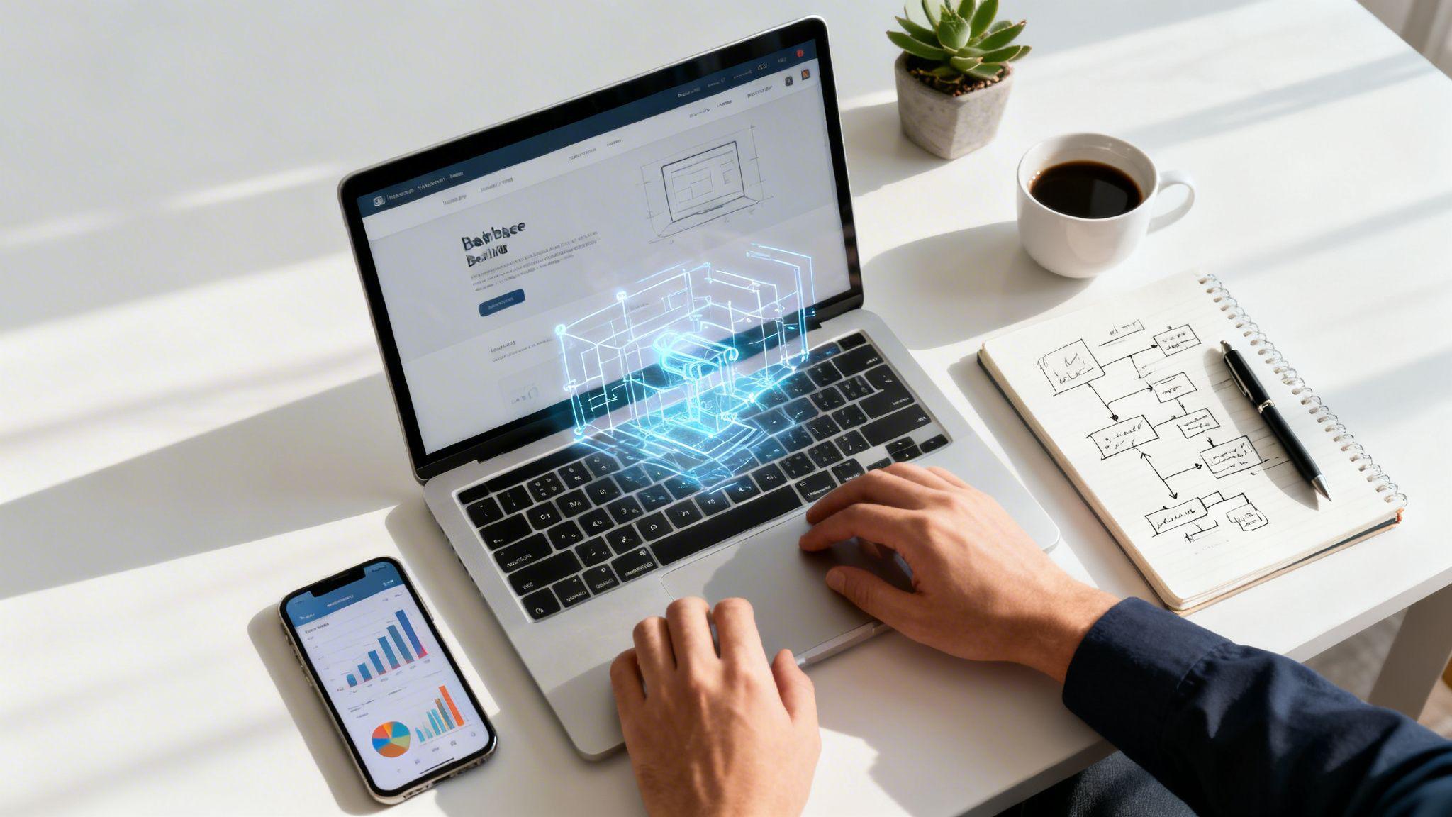 Entrepreneur working on laptop with wireframe design, smartphone analytics, and business sketches on desk