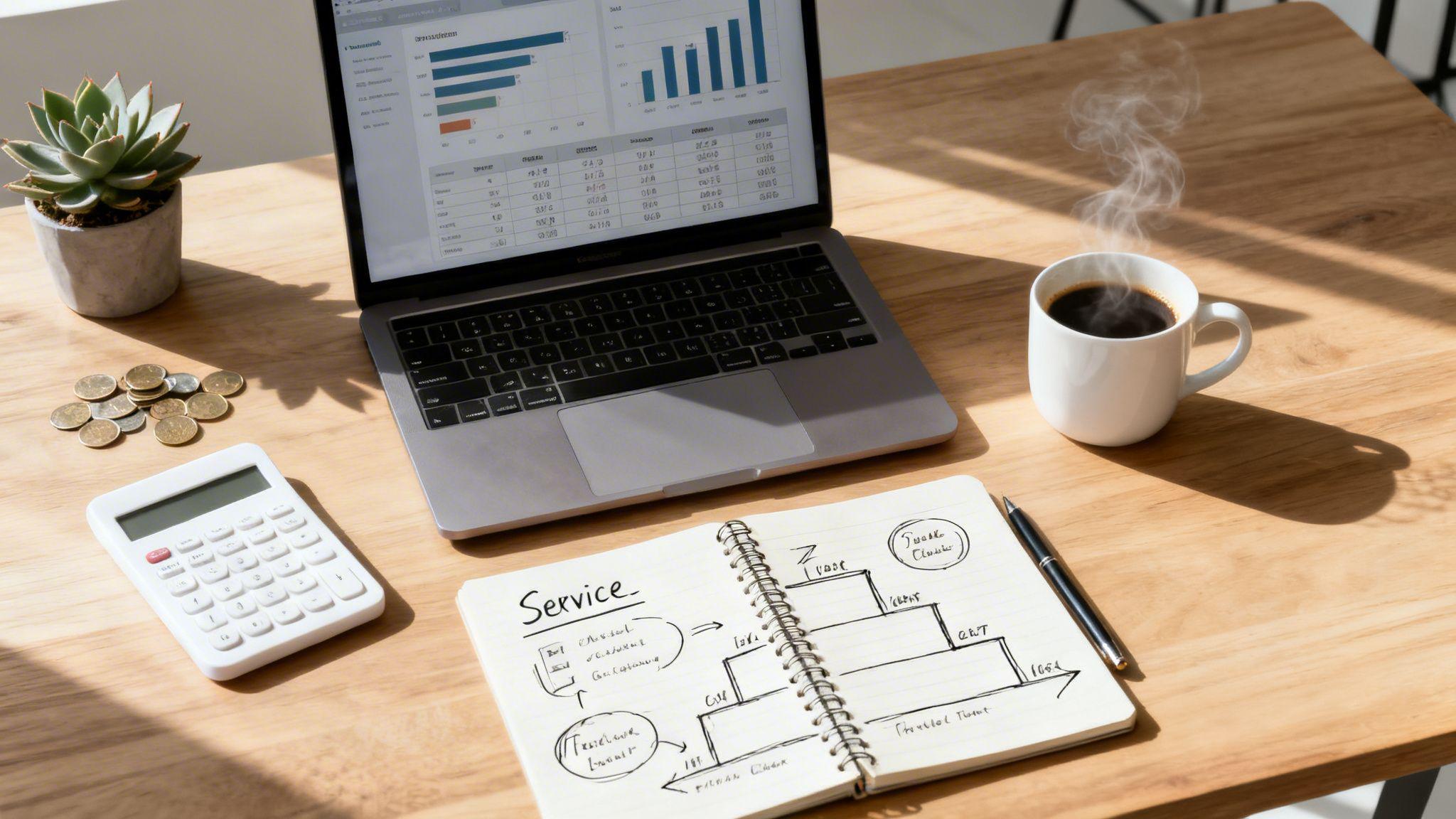 Freelancer workspace with laptop showing analytics, service pricing sketch, calculator, coffee and coins on wooden desk