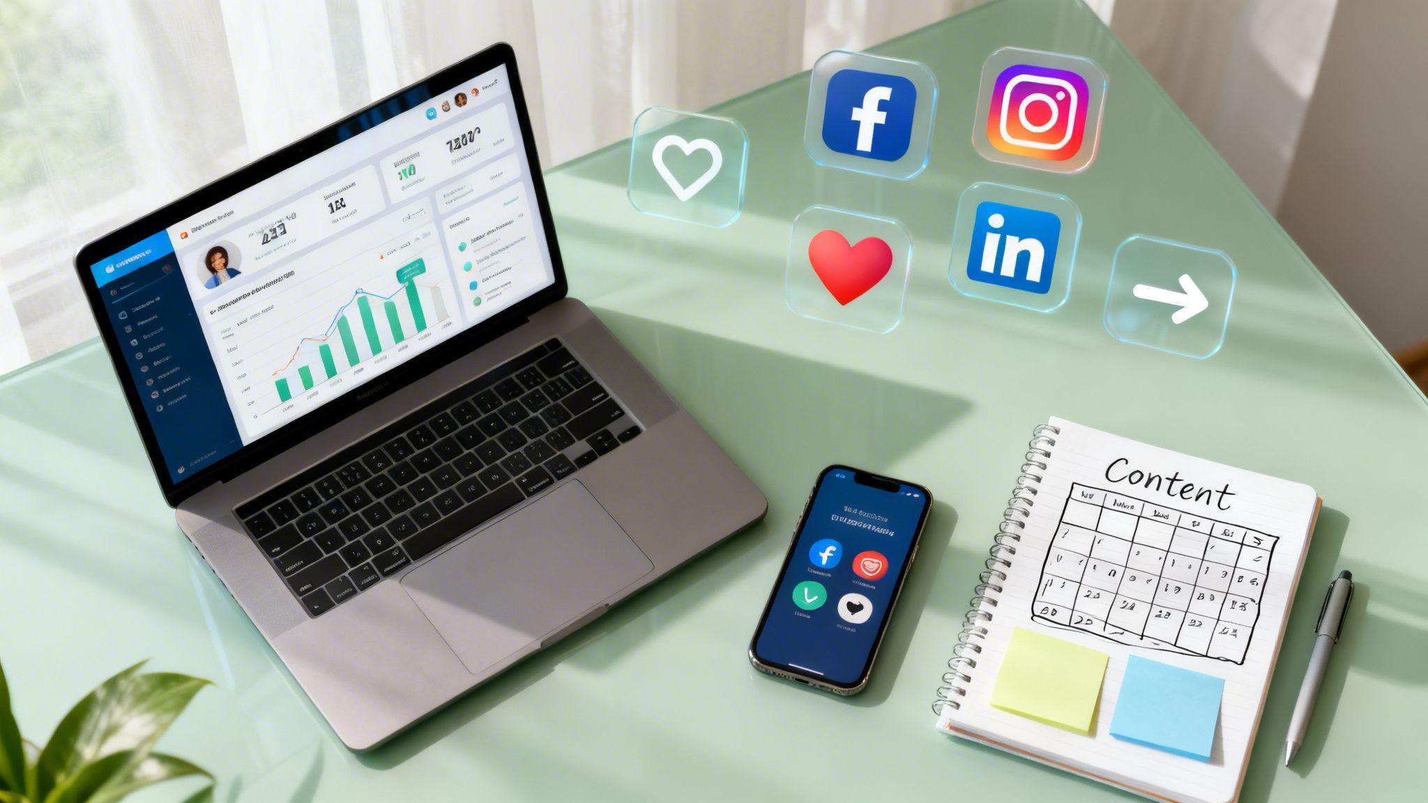 Workspace showing social media icons, analytics dashboard on laptop, smartphone, and content calendar for nonprofit digital