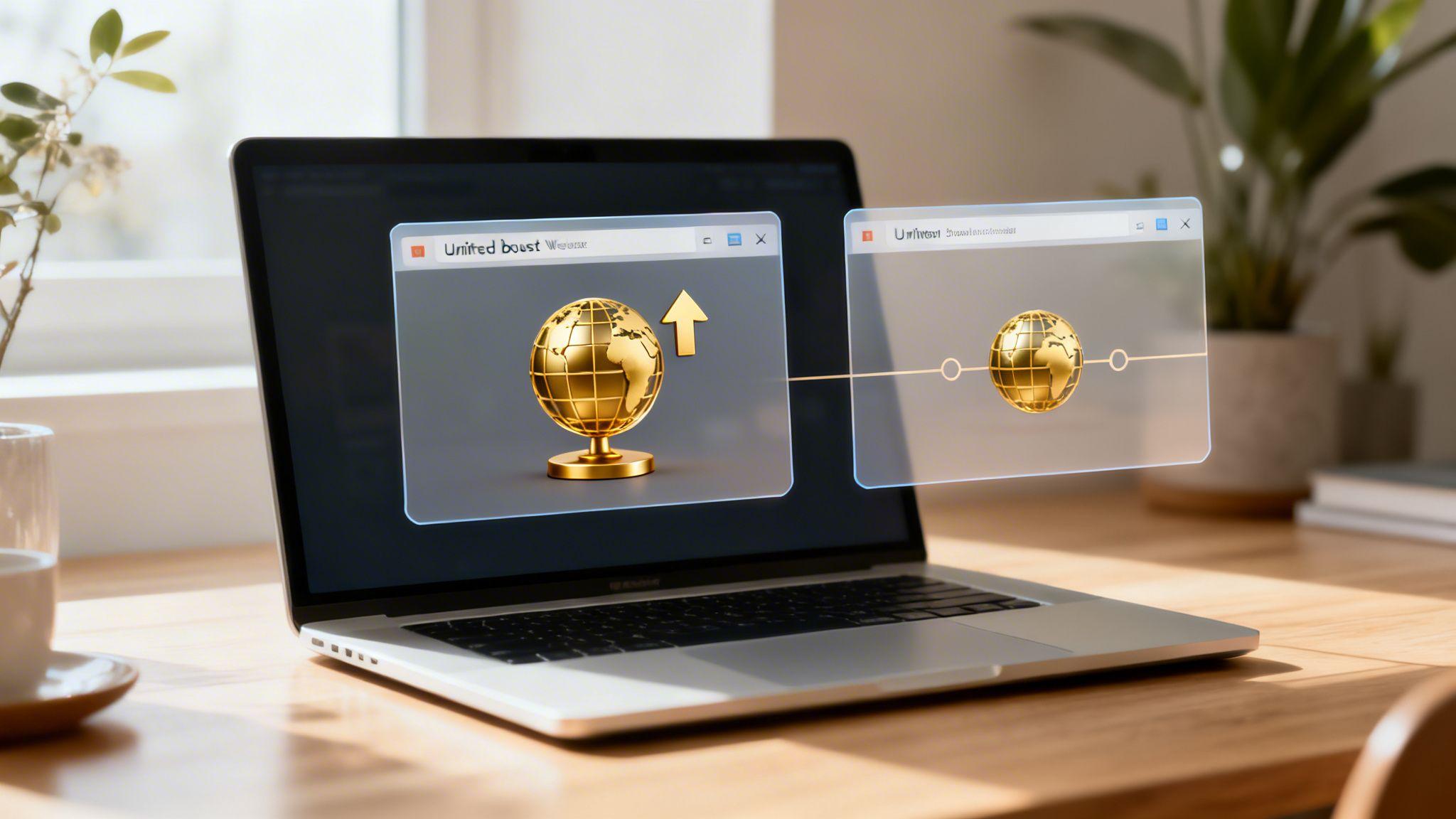 Golden globe icon with upward arrow showing domain growth on computer windows in modern office workspace