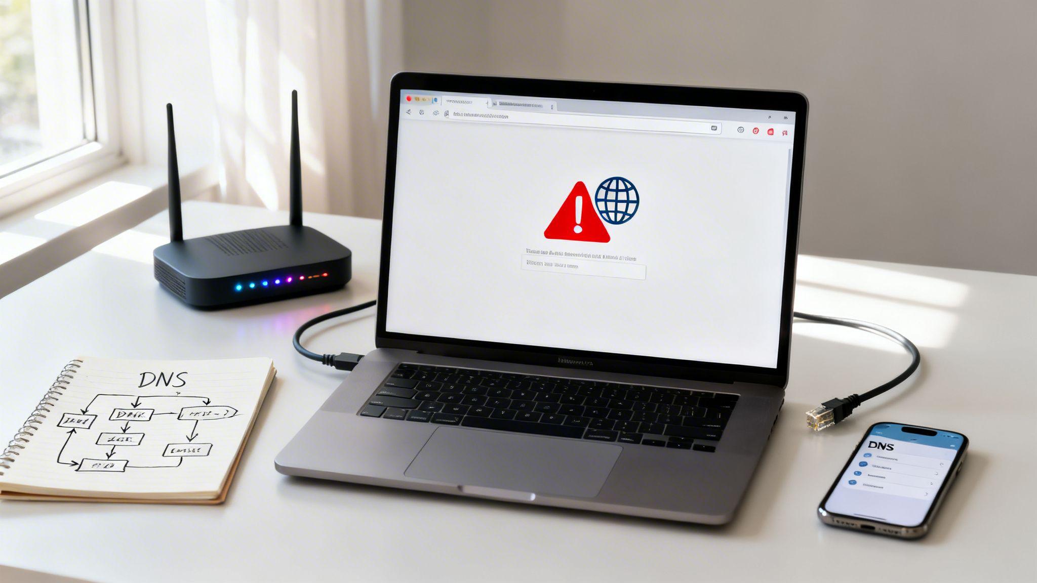 Home office setup with laptop displaying DNS error alert, router, notebook with DNS diagram, and smartphone showing DNS