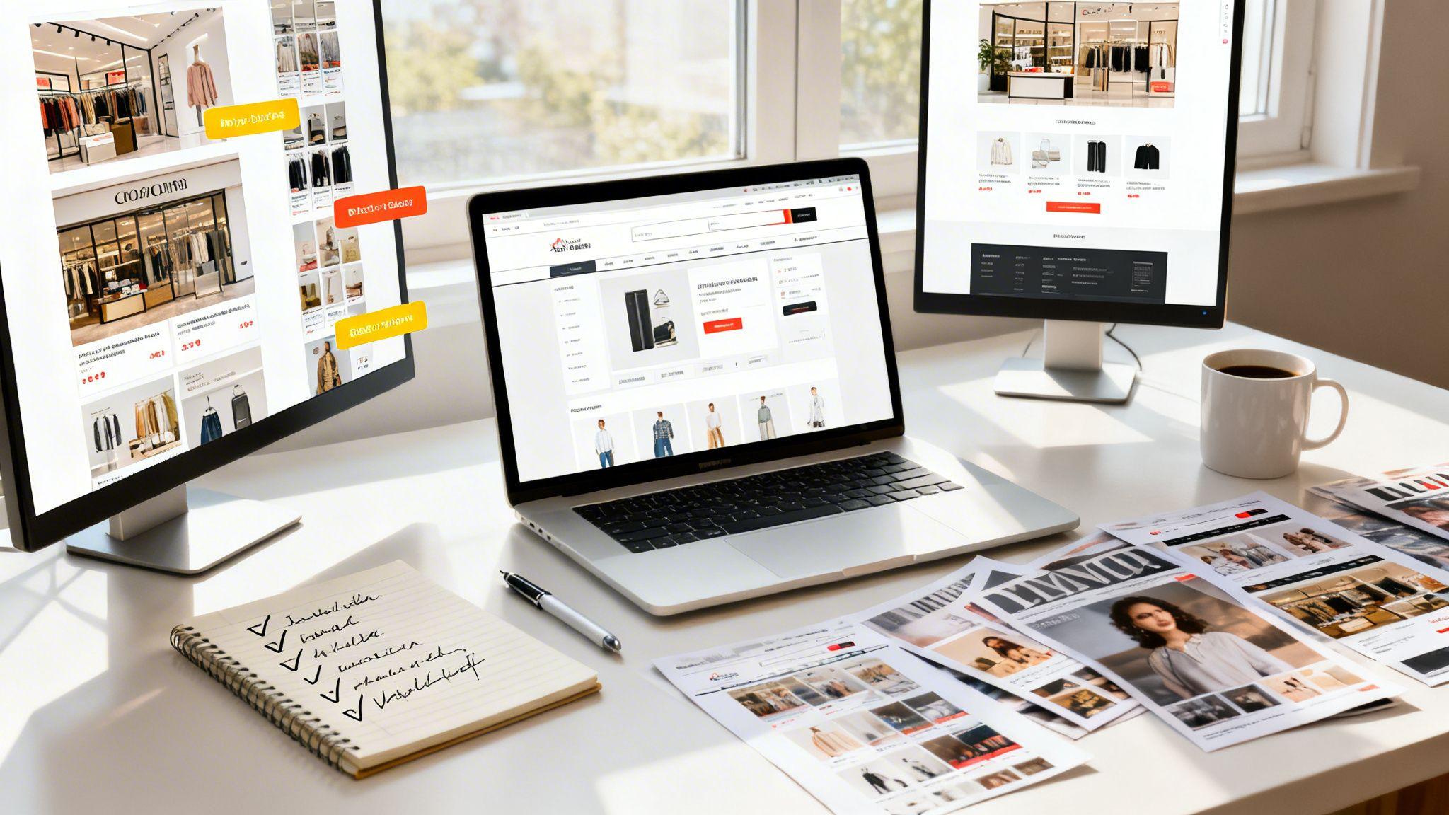 Designer workspace with laptop, monitor, and printed ecommerce website mockups displaying fashion retail layouts and product