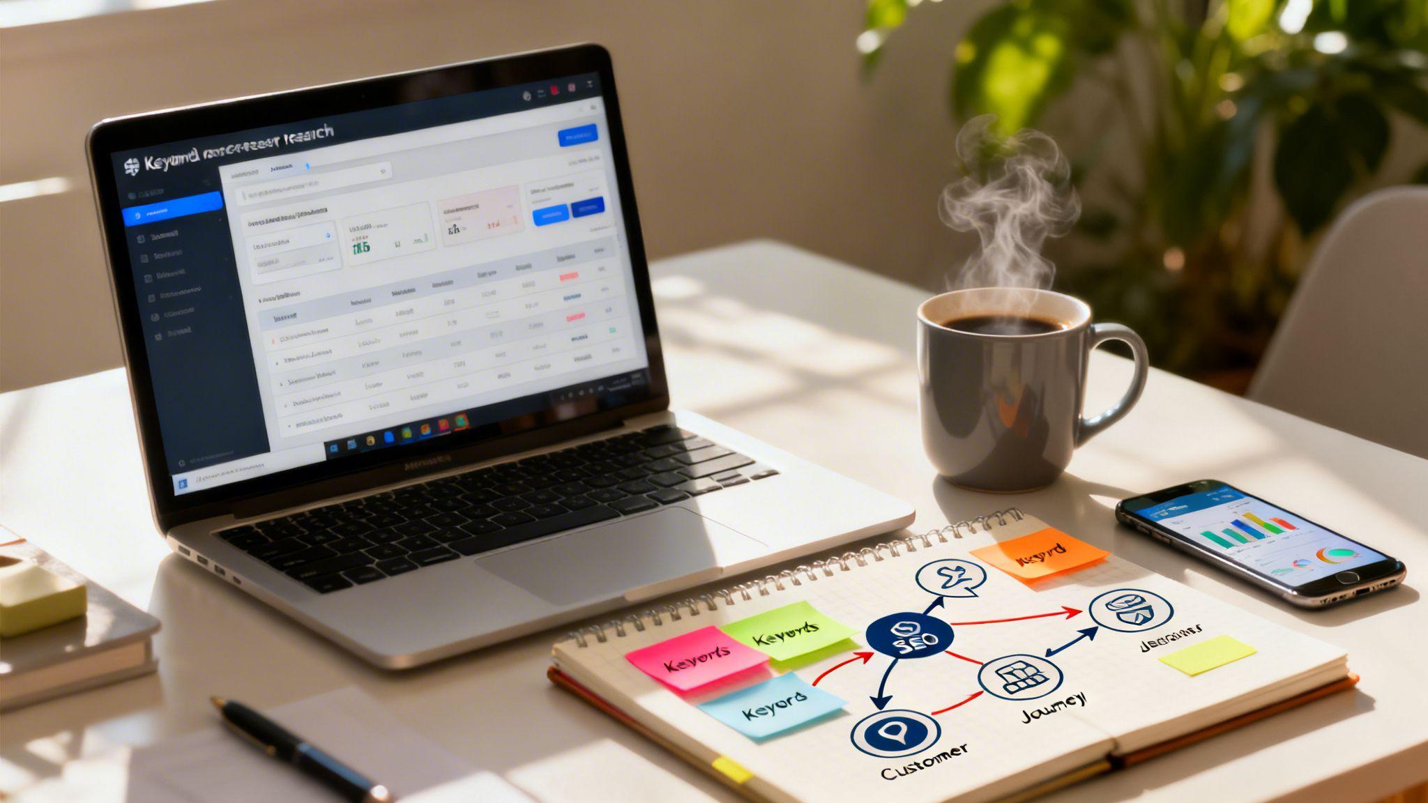 Desk workspace with laptop showing keyword research tool, notebook with SEO strategy diagram, coffee mug, and smartphone