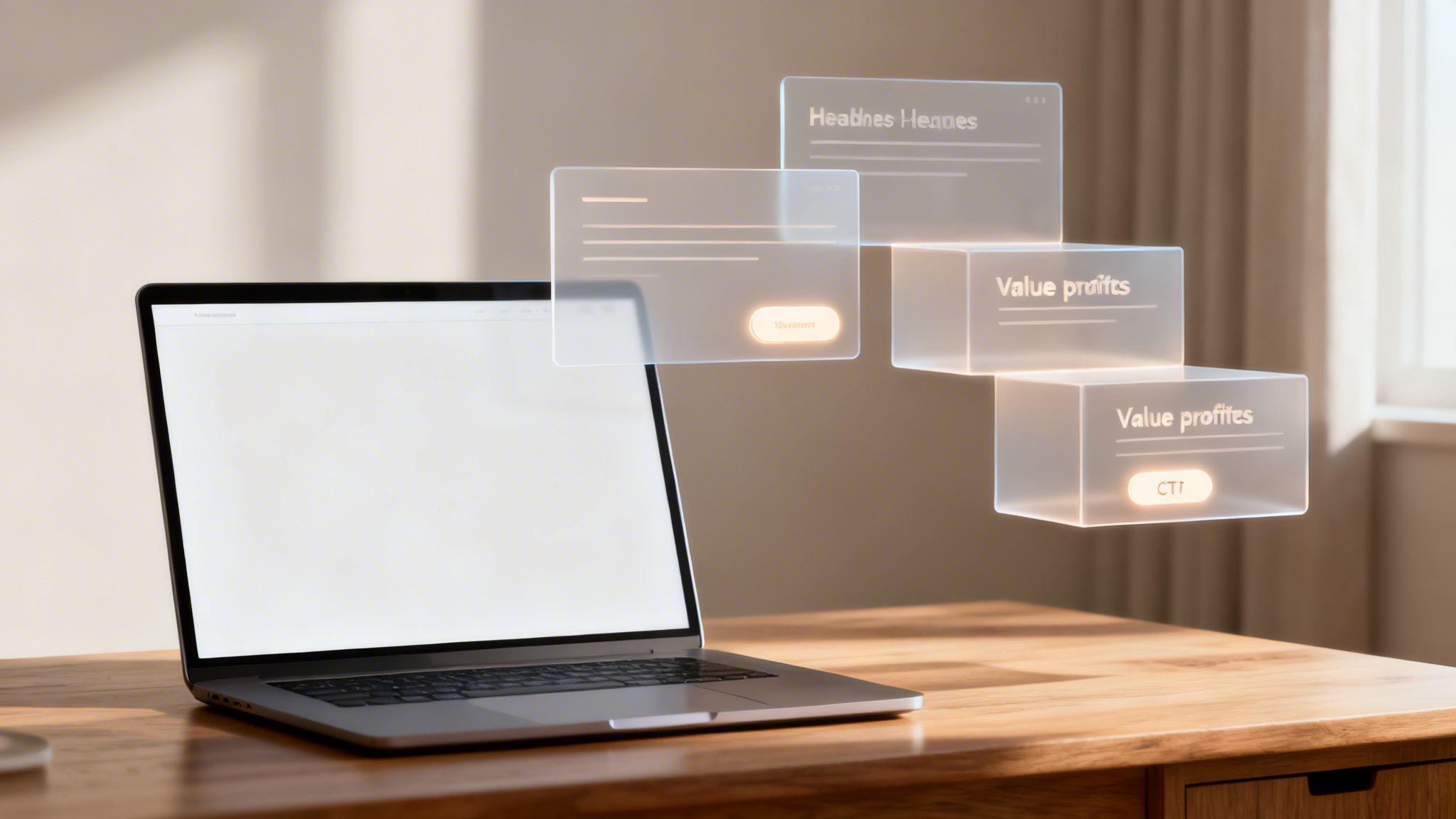 Laptop displaying holographic UI windows with copywriting elements like headlines and value propositions floating on screen