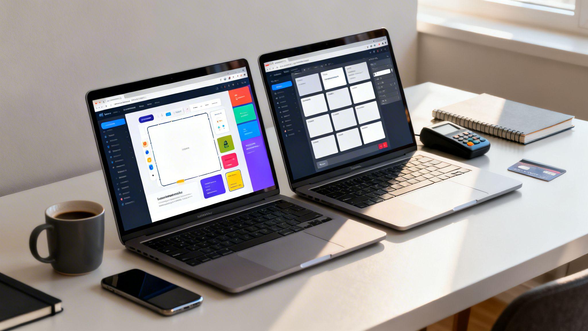 Designer workspace with two laptops displaying website builder interfaces, coffee mug, calculator, and notebook on desk