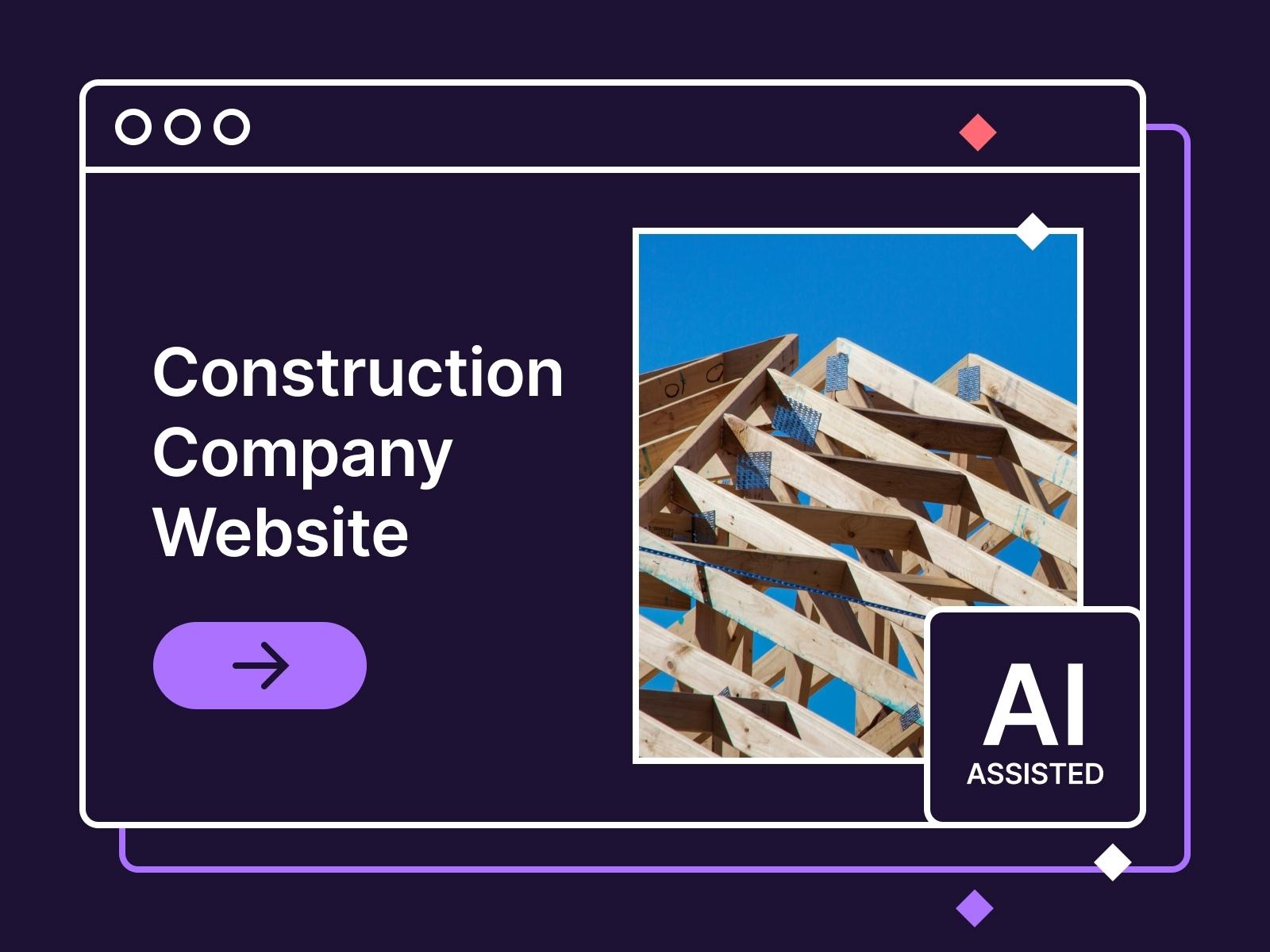 Browser window showing AI-assisted construction website with wooden building frame structure and blue sky background