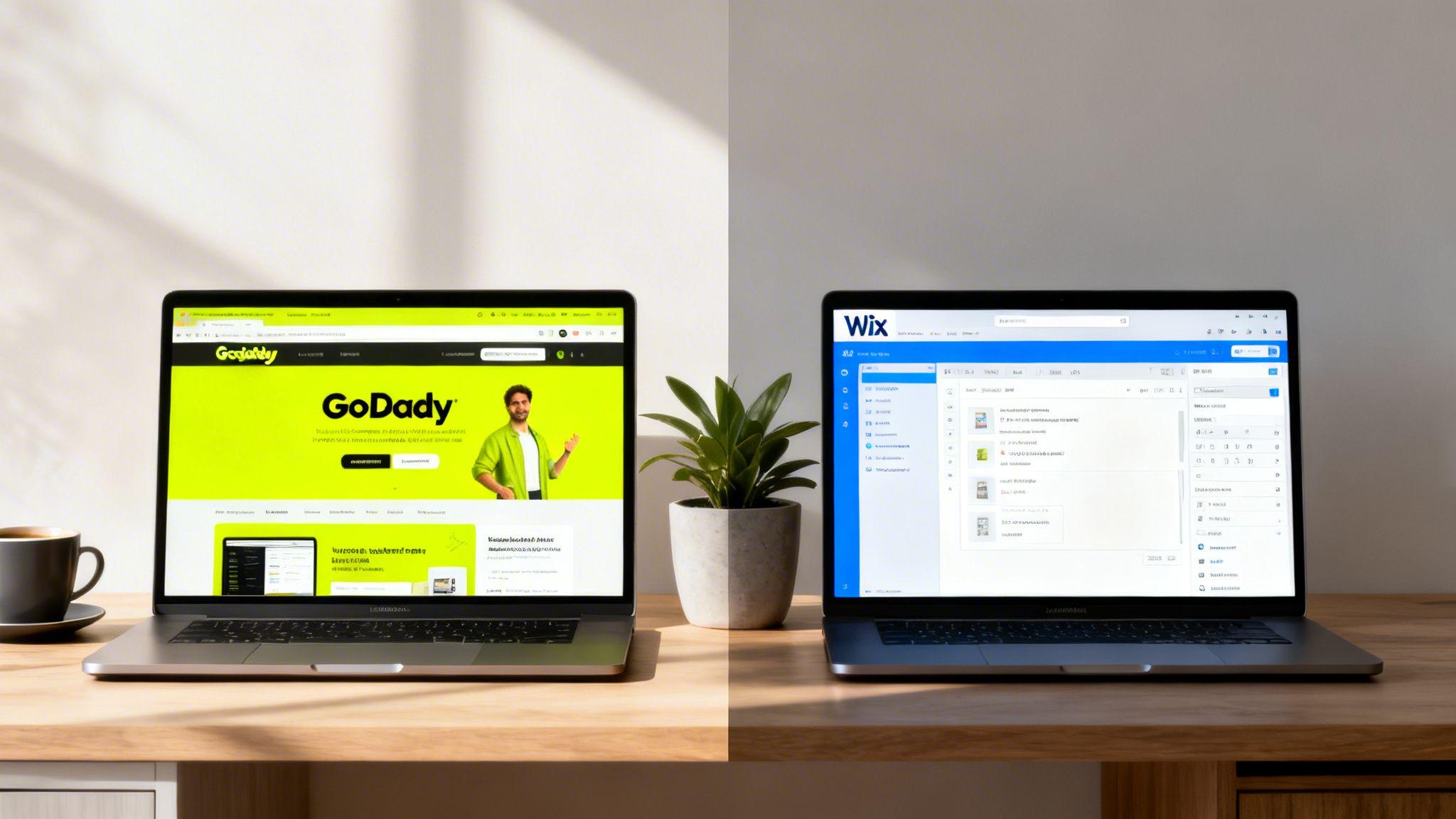 Two laptops displaying GoDaddy and Wix website builders side by side on a wooden desk with coffee and plant.
