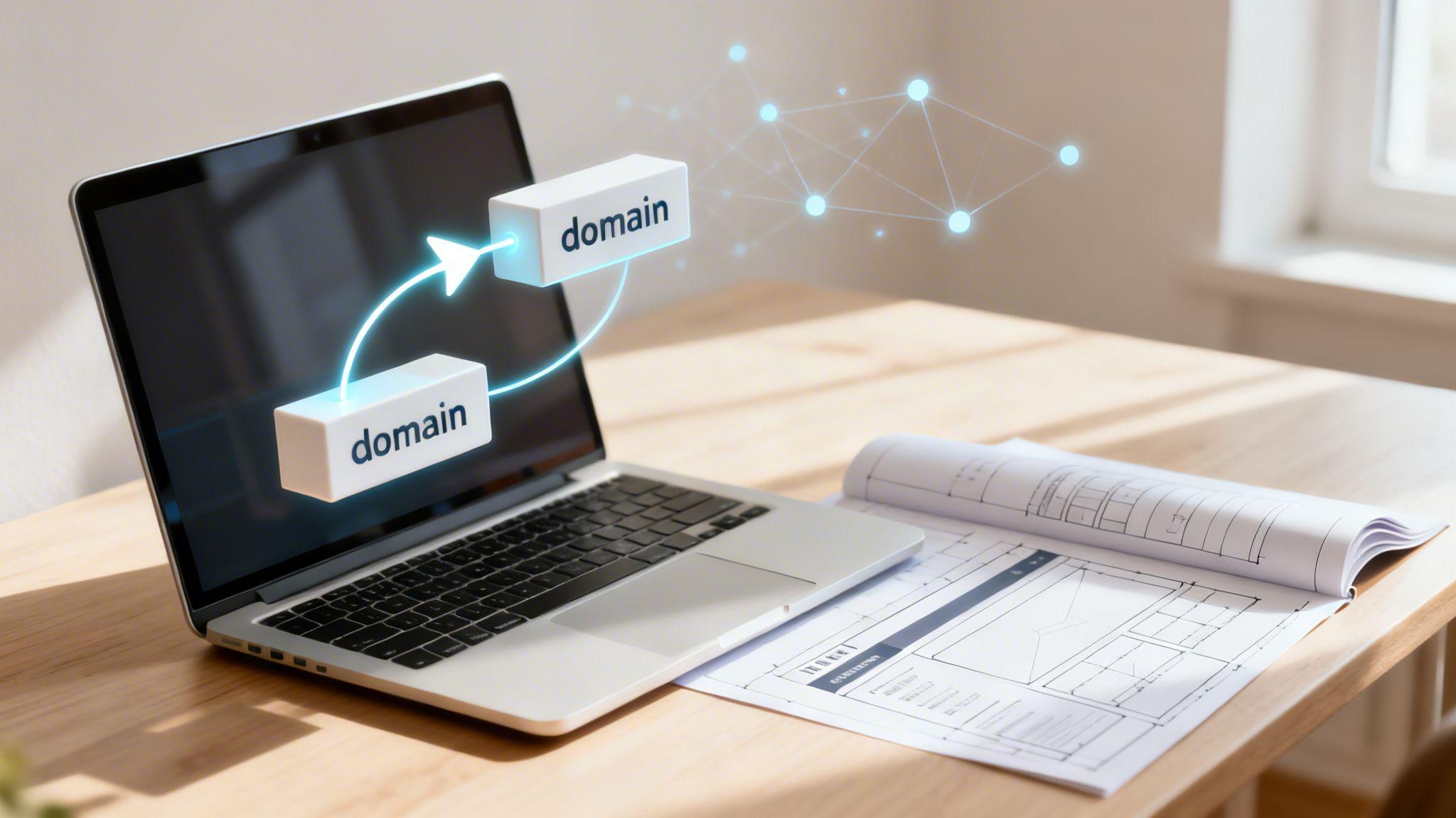 Laptop displaying domain forwarding diagram with glowing arrows connecting two domain labels and network nodes on wooden desk