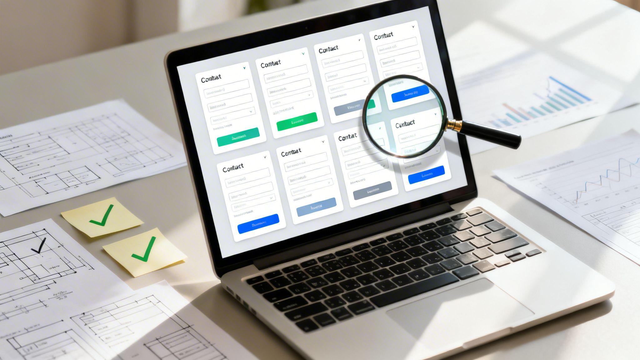 Laptop displaying multiple contact form templates with magnifying glass highlighting design variations and layouts.