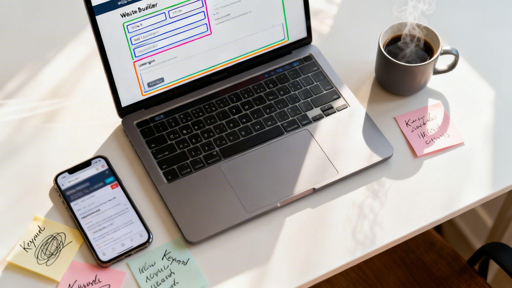 Web designer's workspace with laptop showing colorful wireframe design, smartphone, coffee mug, and keyword research notes
