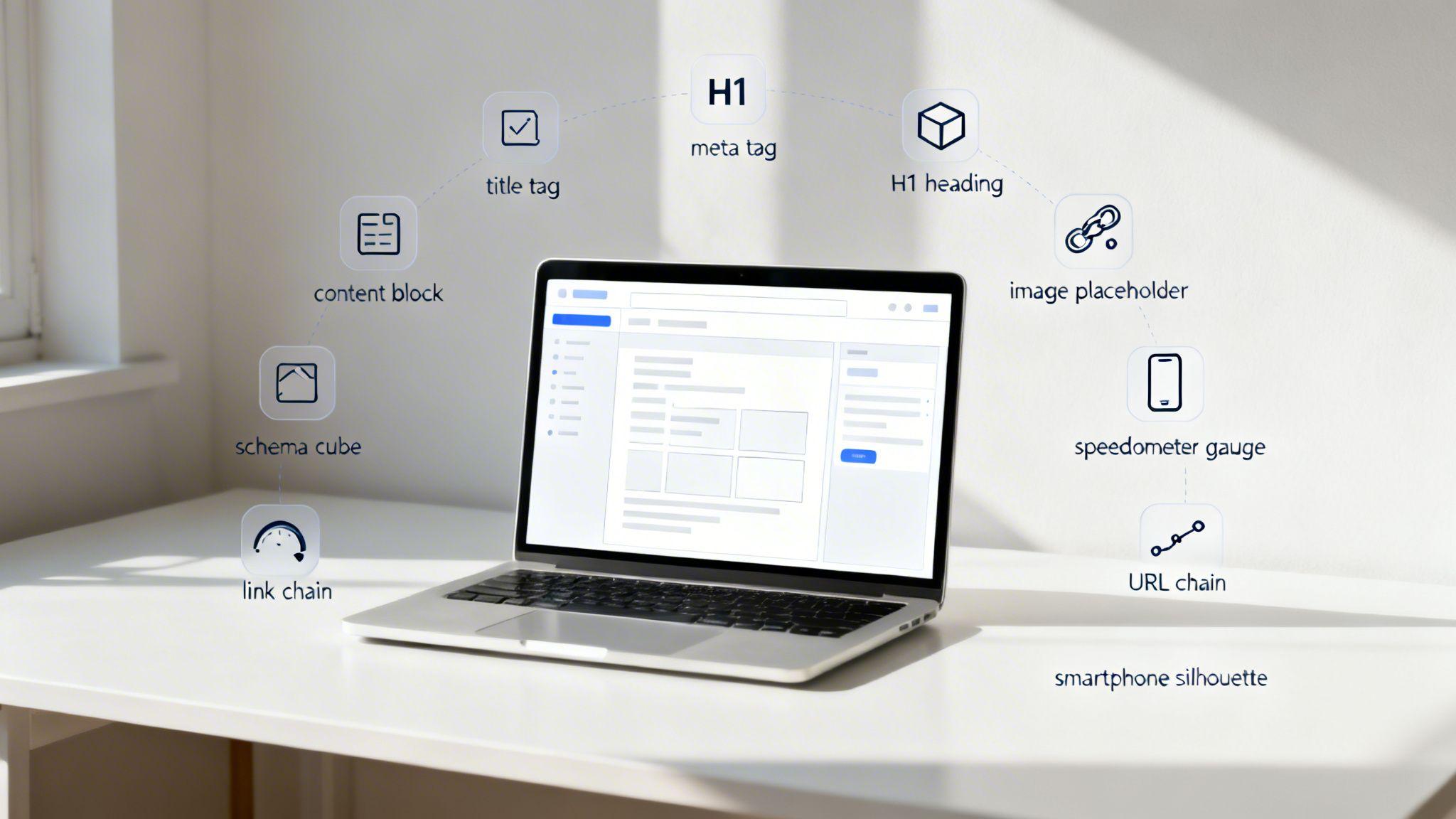 Laptop displaying on-page SEO elements: meta tags, H1 headings, content blocks, schema markup, and technical optimization