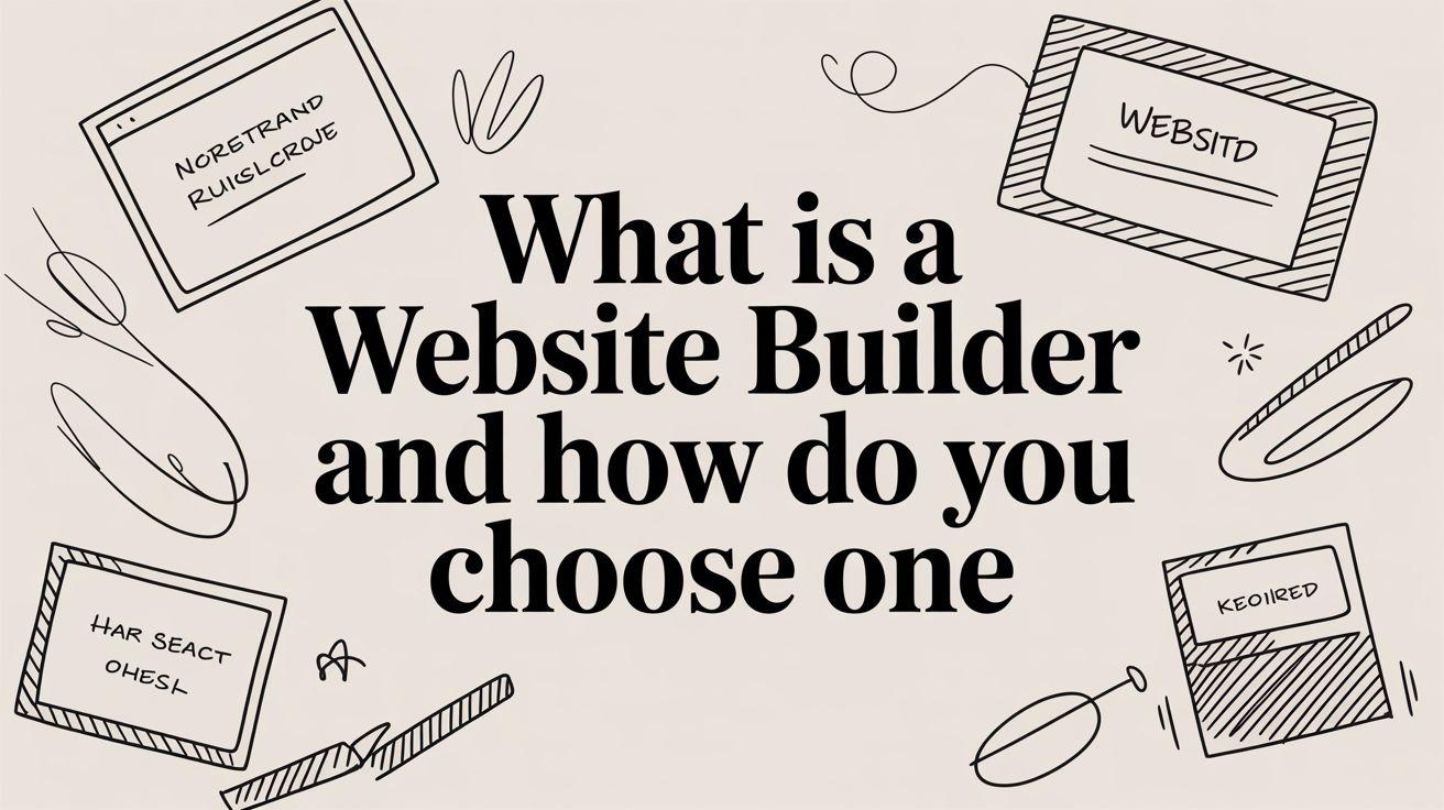 Illustrated guide showing website builder tools and design elements with hand-drawn icons and labels in a minimalist style.