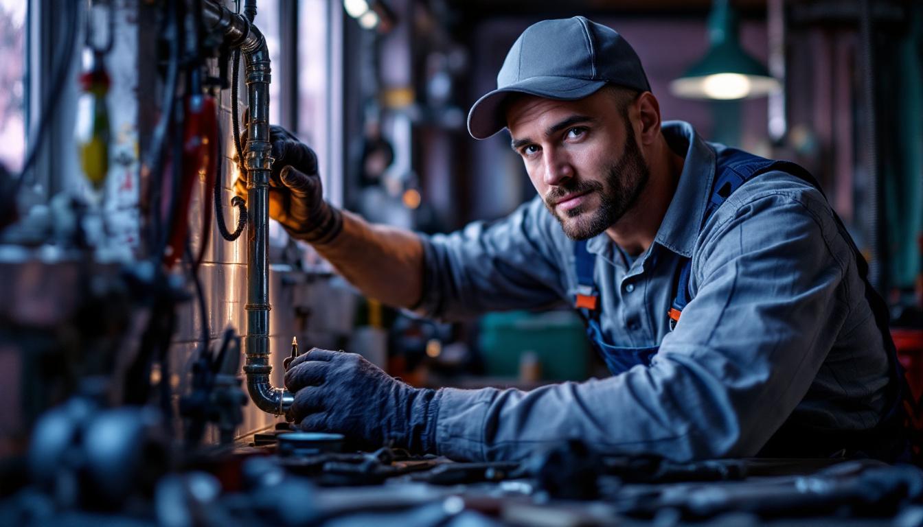 Skilled plumber working on copper pipes in workshop with tools and equipment visible in background