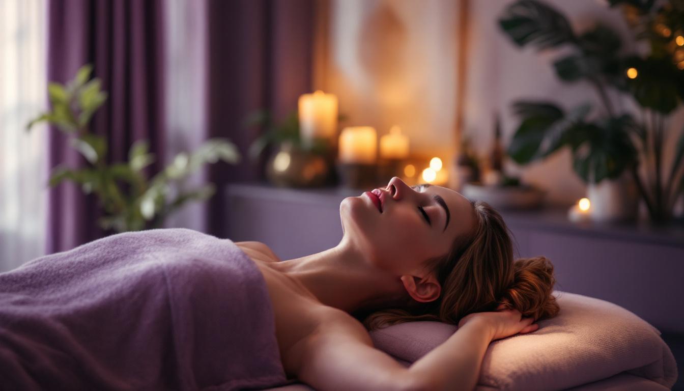 Woman relaxing during massage therapy in spa with candles and plants in background.