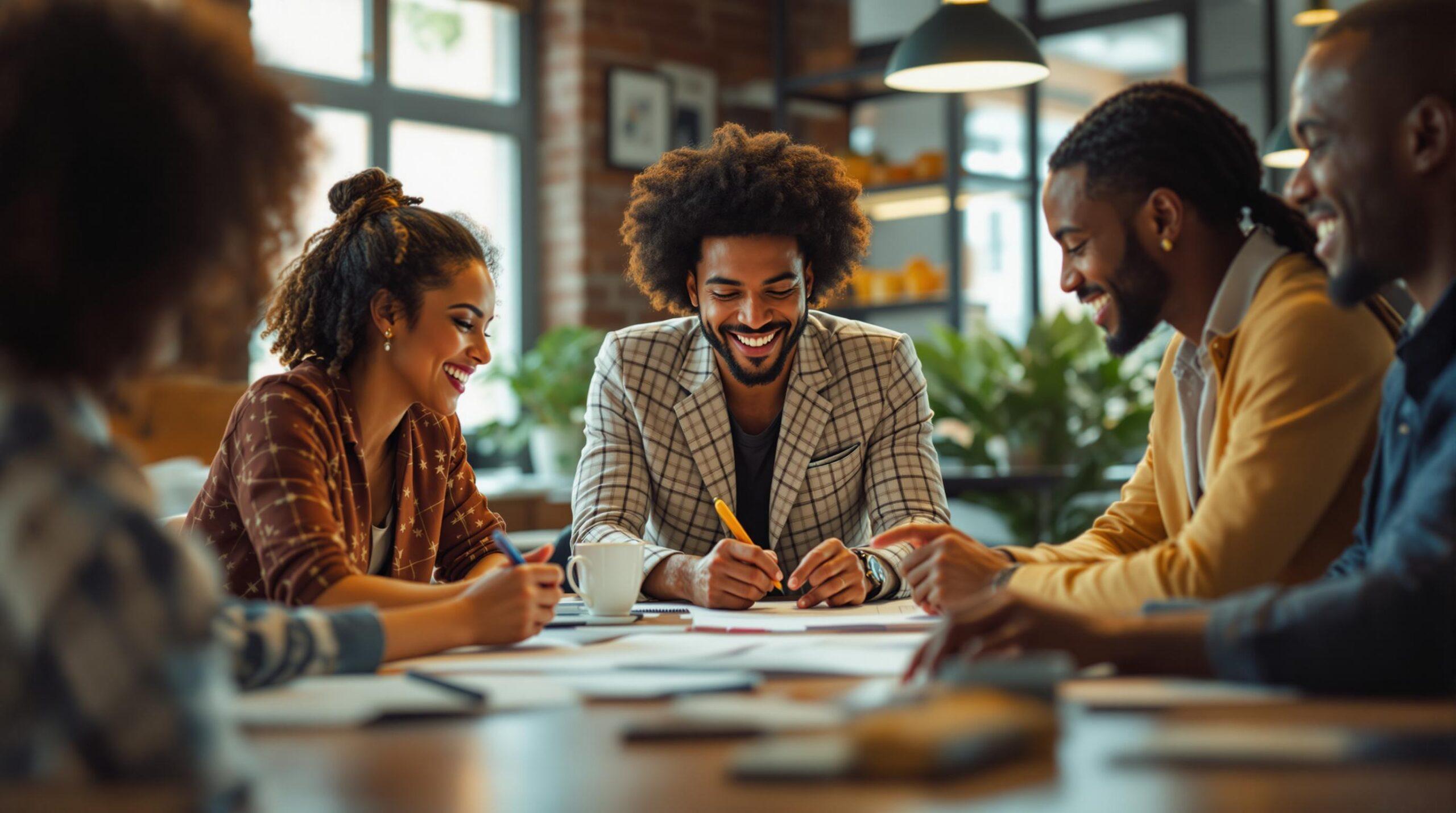 Diverse real estate professionals collaborating at a table with documents and coffee in modern office