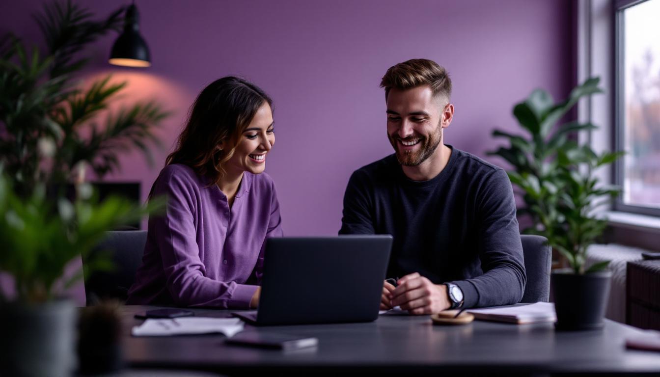 Two professionals collaborating on laptop at modern purple office workspace with plants