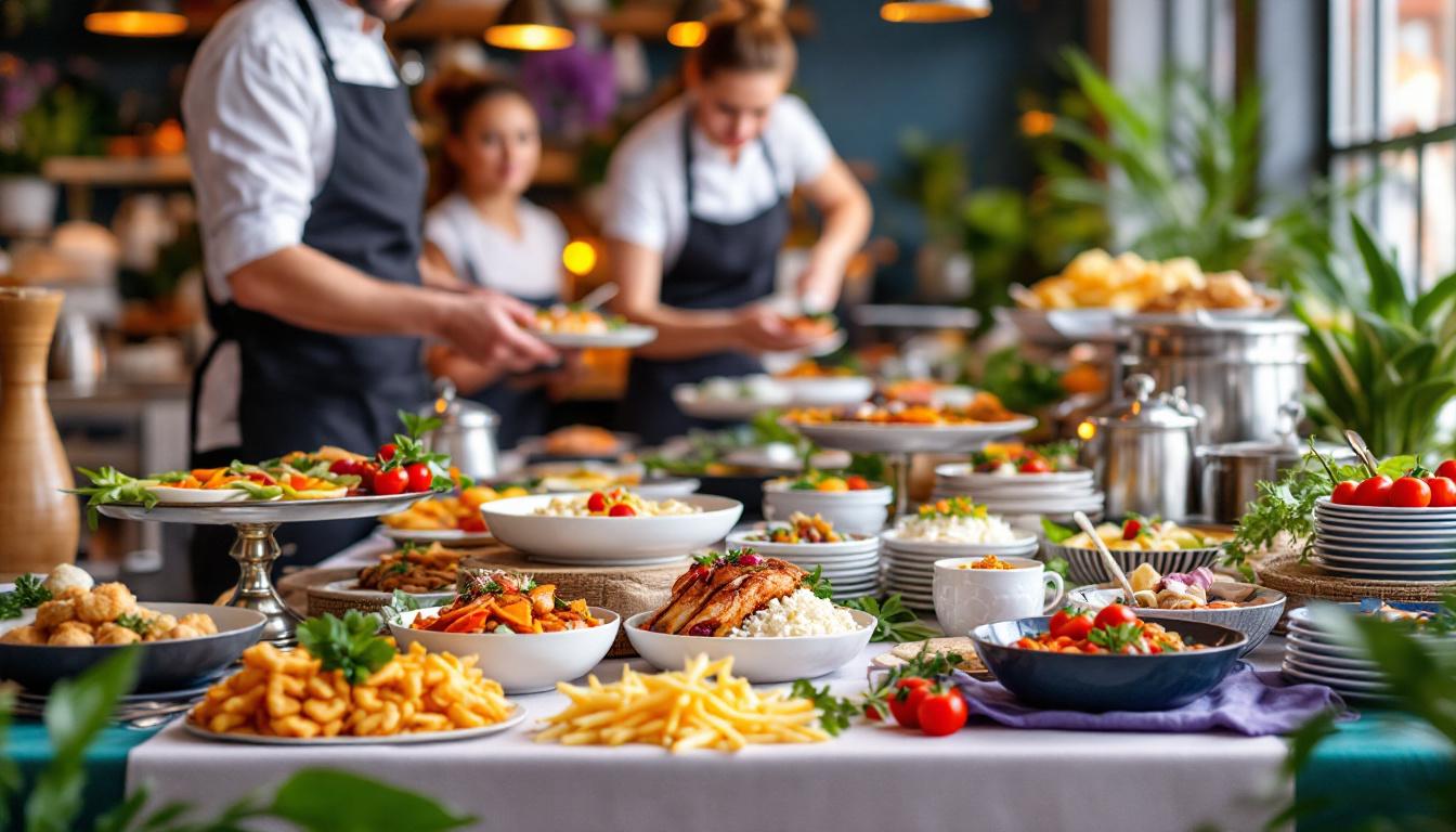 Professional catering team preparing plated dishes and appetizers for a buffet service event.