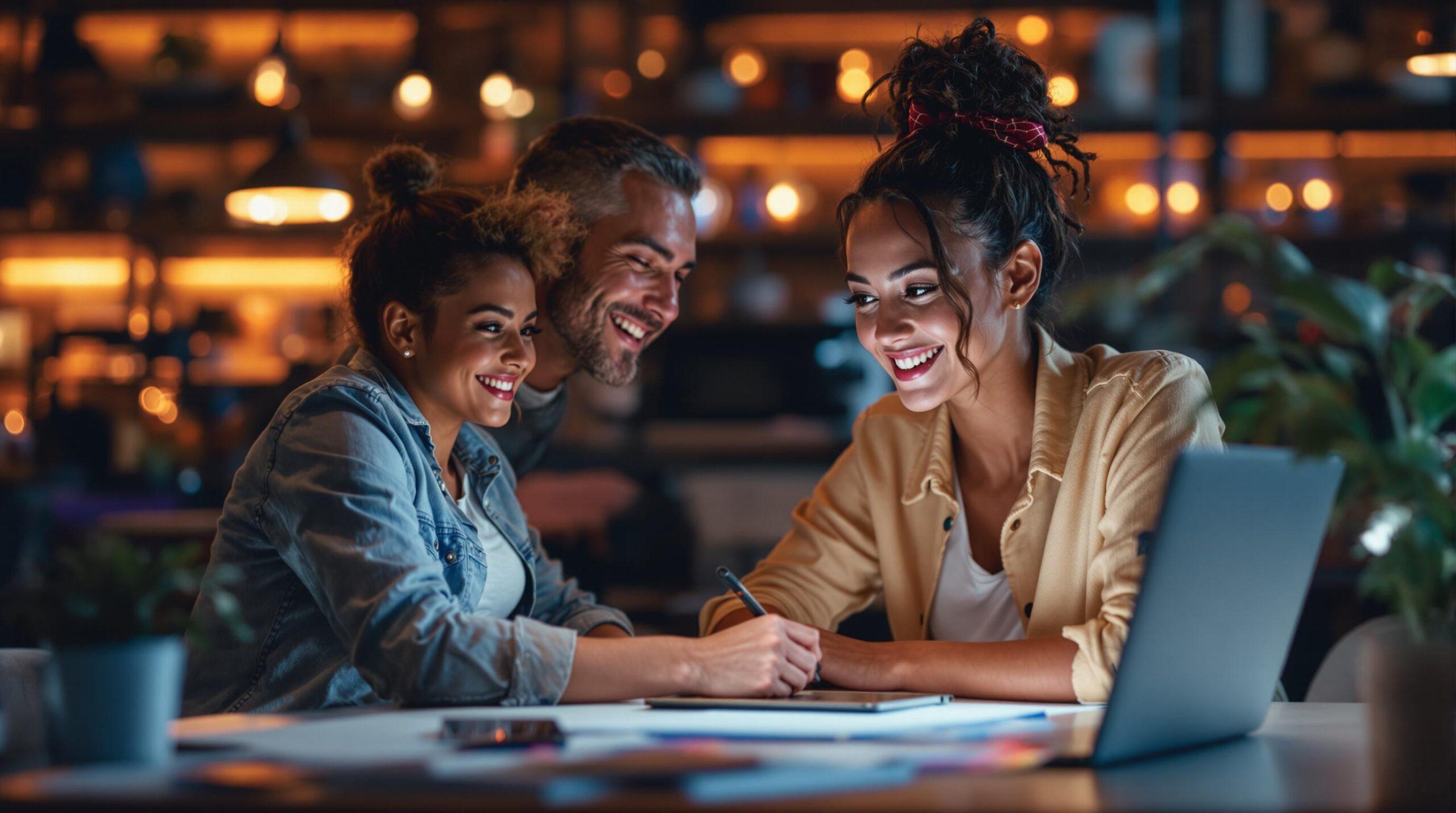 Three young professionals collaborating at a laptop during an evening work session, smiling while reviewing documents