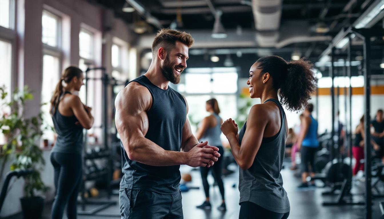 Personal trainer and client conversing in modern gym with other fitness enthusiasts exercising in background.