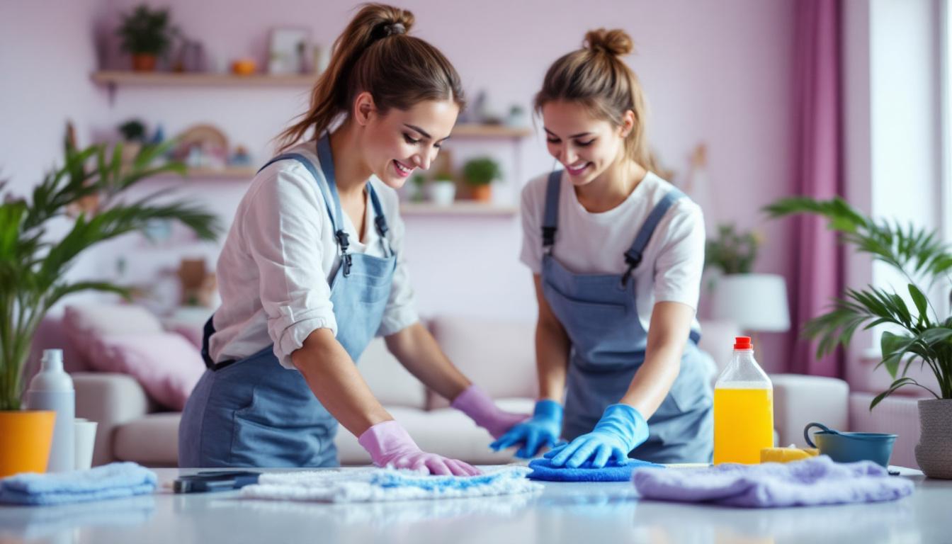 Two female cleaners in aprons smiling while wiping a white surface with microfiber cloths in a bright pink living room.